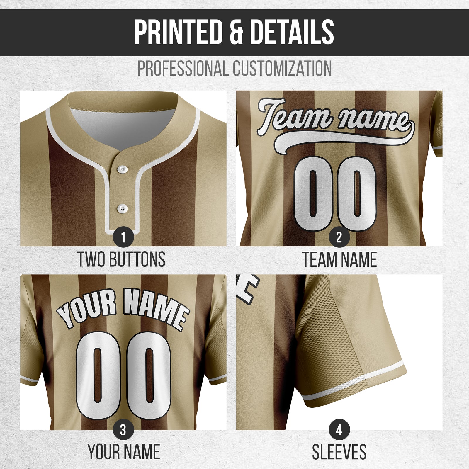 Custom Dual Stripe Khaki Baseball Sports Jersey Personalized Uniform with Name & Number