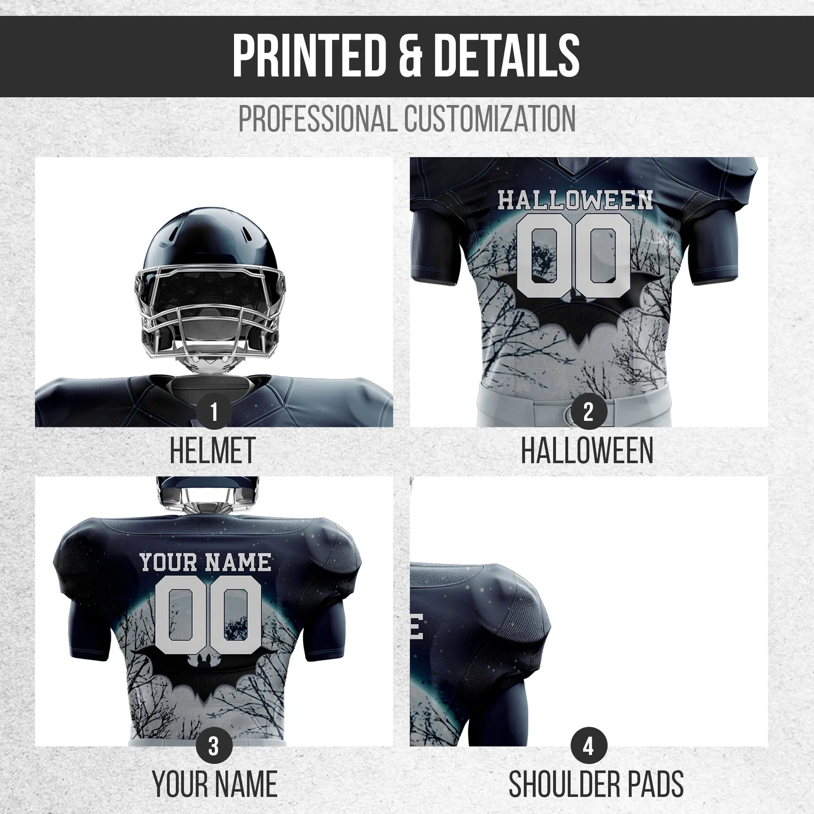 Custom Midnight Bat Halloween American Football Jersey Personalized Uniform with Name & Number