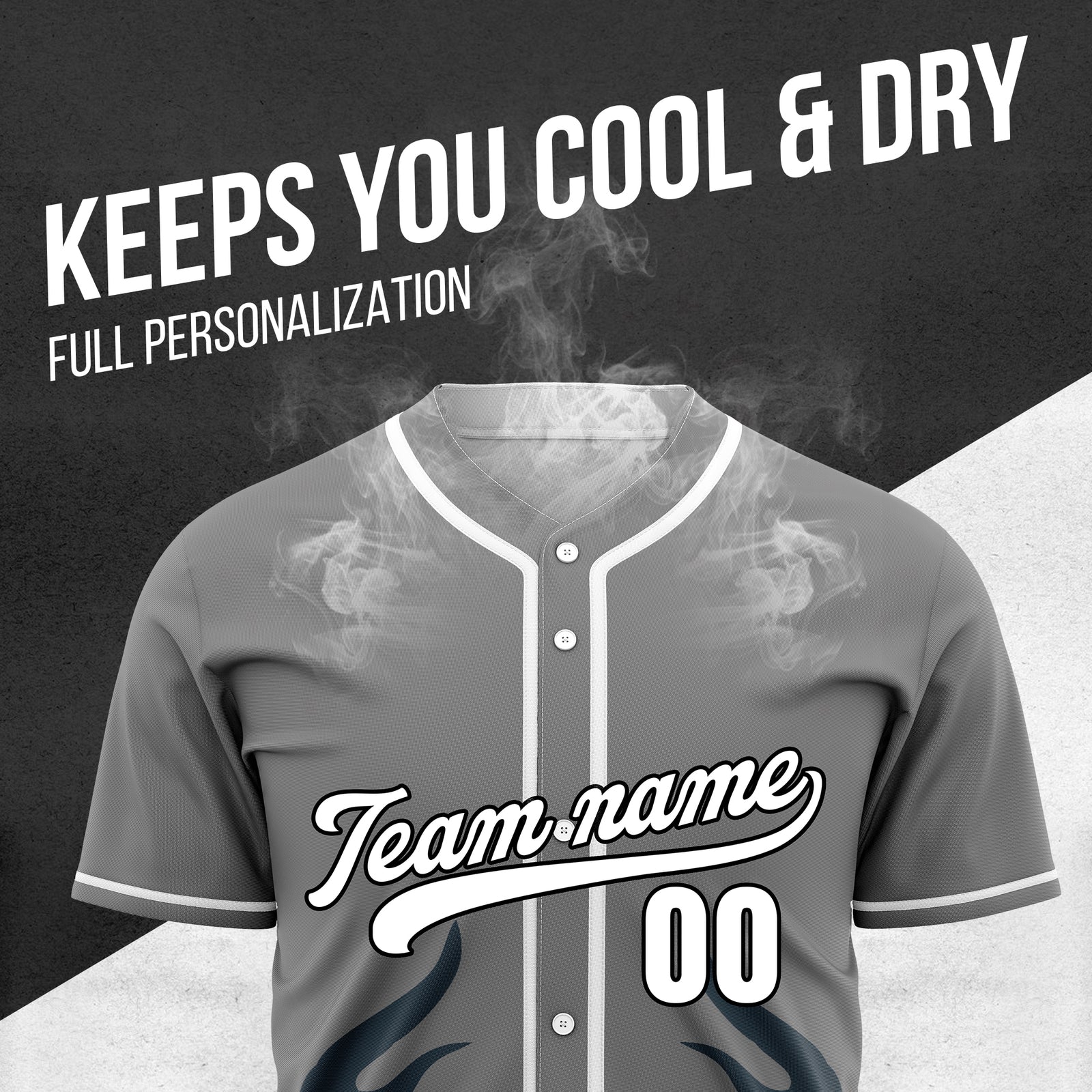 Custom Shadow Flames Grey Baseball Sports Jersey Personalized Uniform with Name & Number