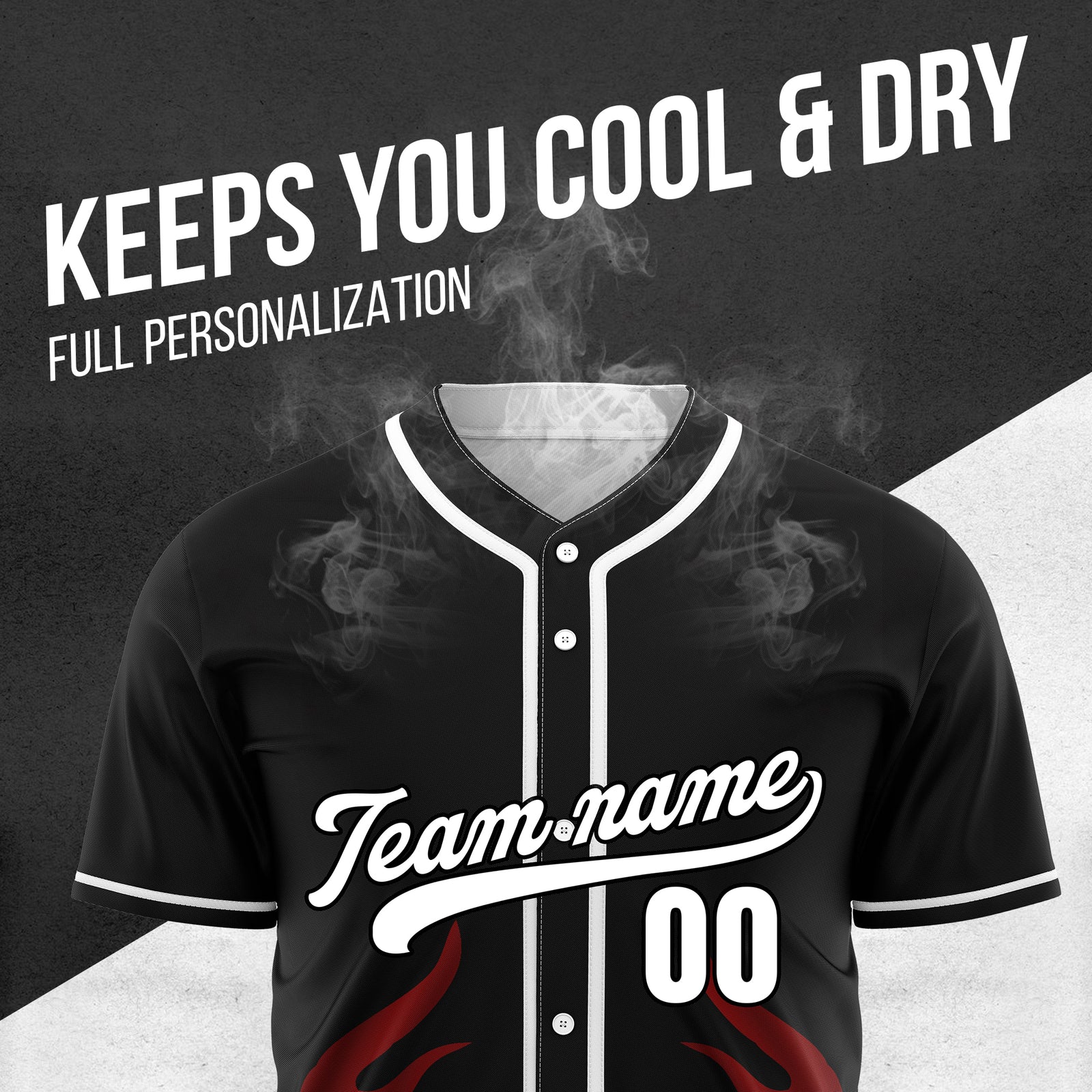 Custom Shadow Flames Black Baseball Sports Jersey Personalized Uniform with Name & Number
