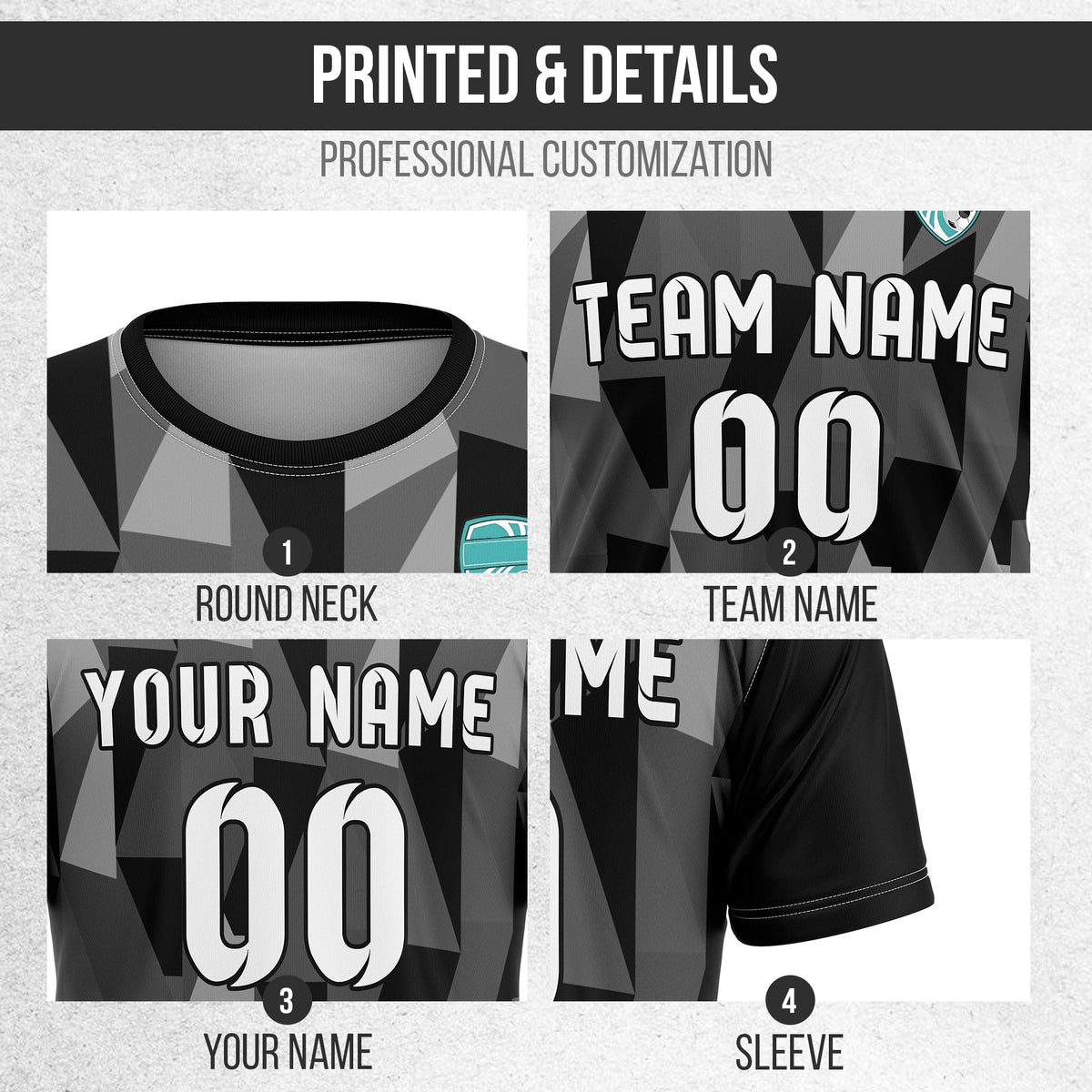 Soccer Jersey - Round Neck - Full Pattern - Design 3 - Black