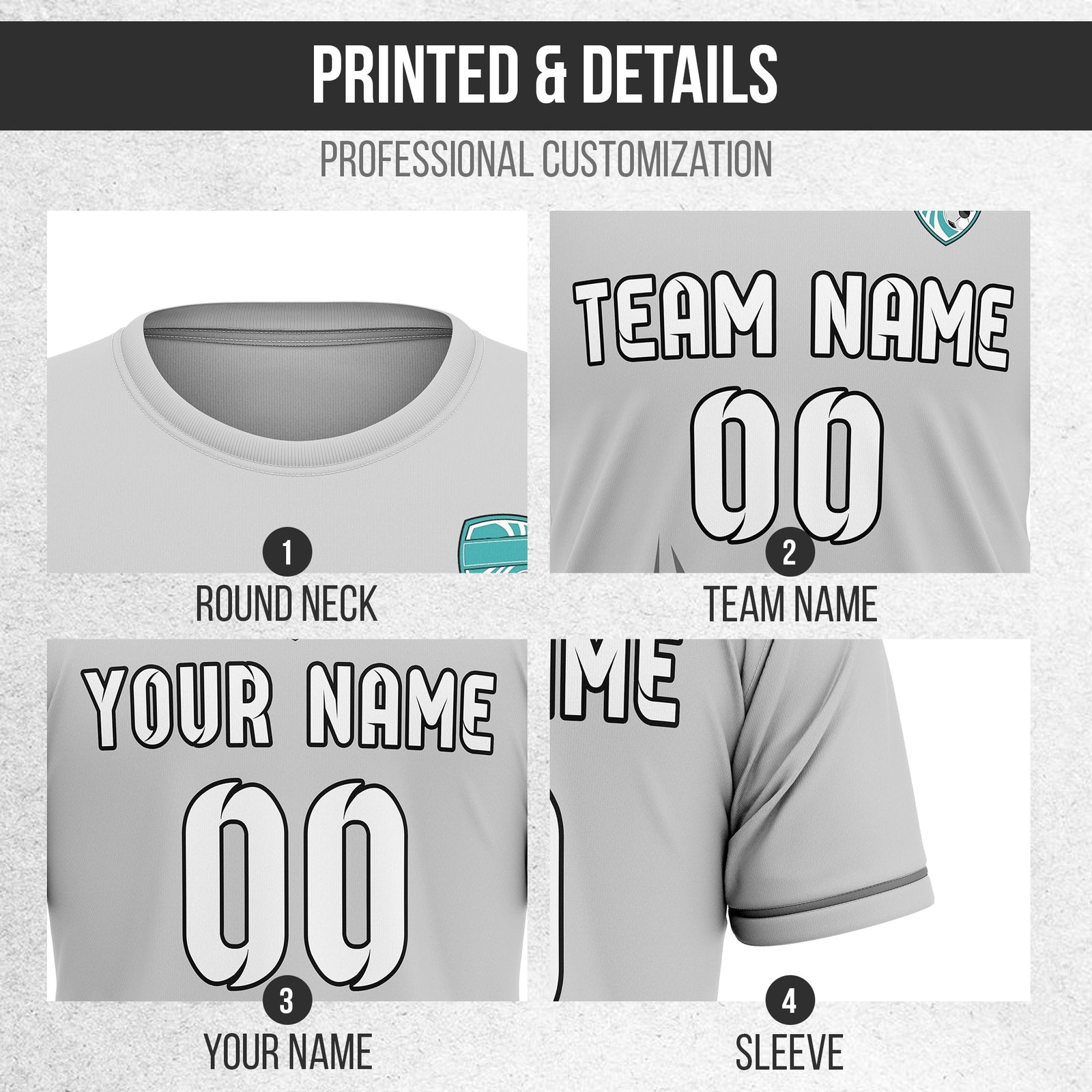 Soccer Jersey - Round Neck - Side Pattern - Design 1 - Grey