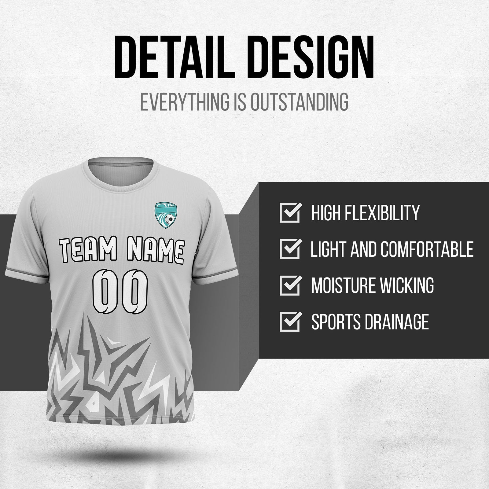 Soccer Jersey - Round Neck - Side Pattern - Design 1 - Grey