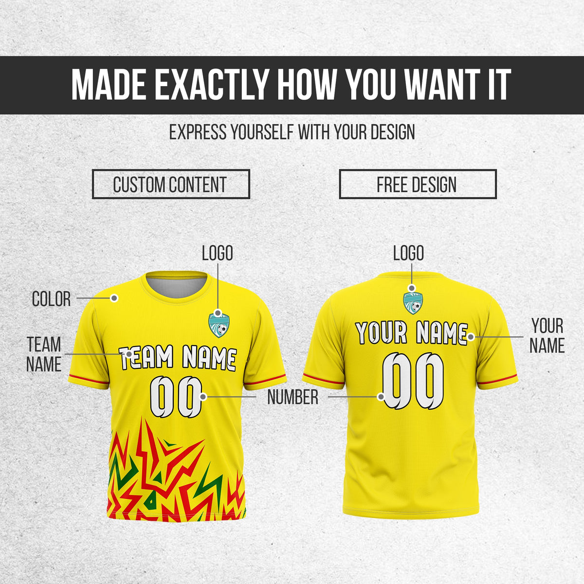 Soccer Jersey - Round Neck - Side Pattern - Design 1 - Yellow