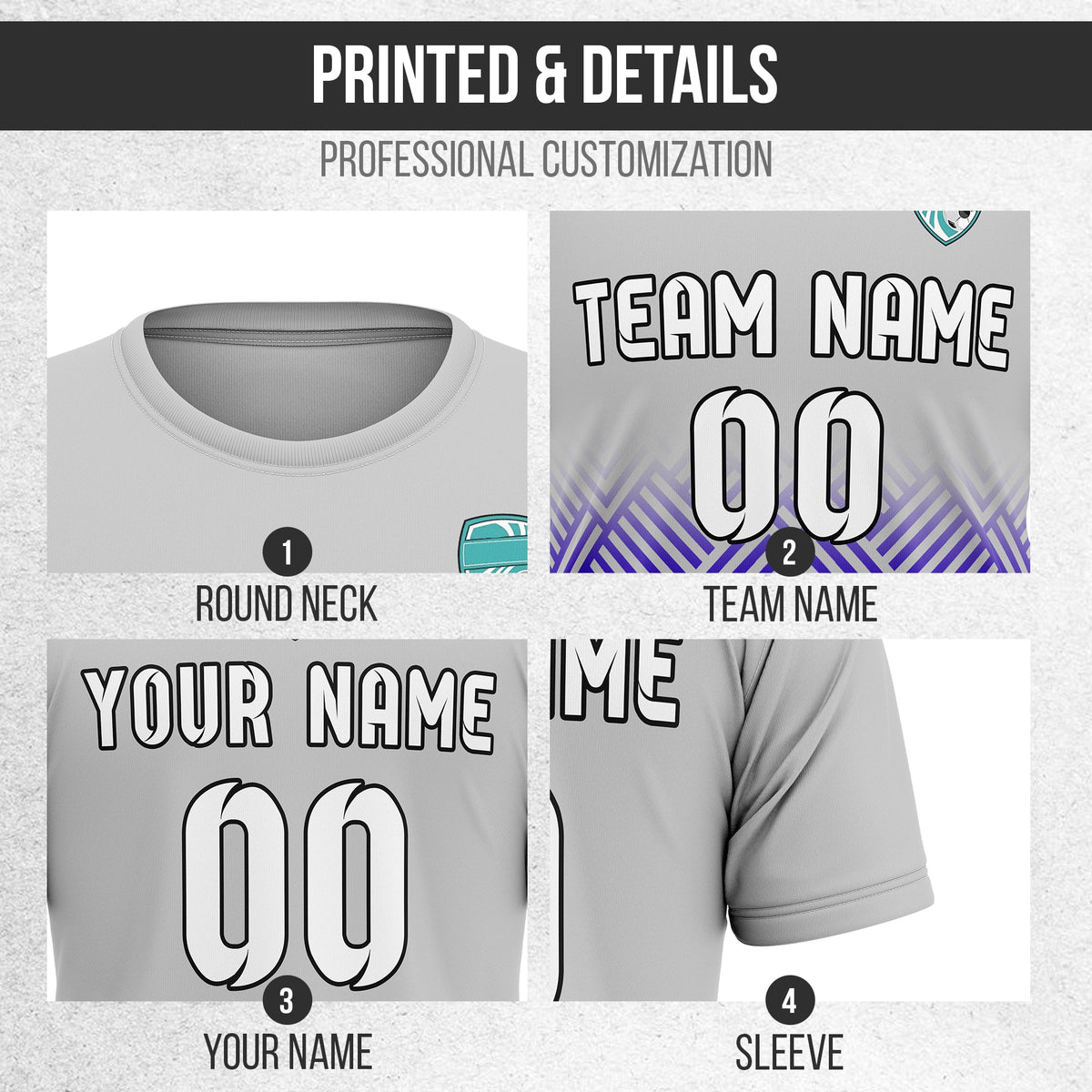Soccer Jersey - Round Neck - Side Pattern - Design 2 - Grey