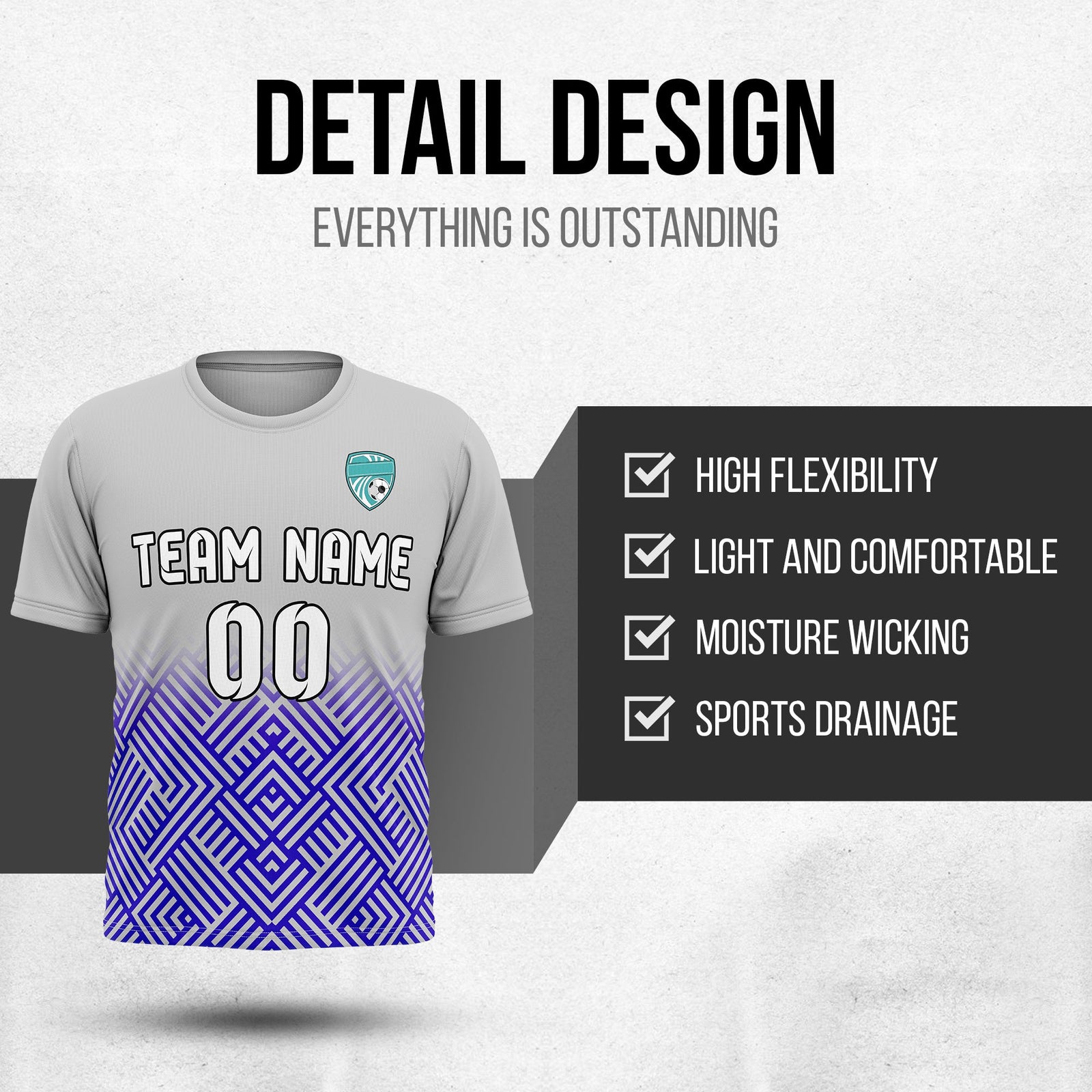 Soccer Jersey - Round Neck - Side Pattern - Design 2 - Grey