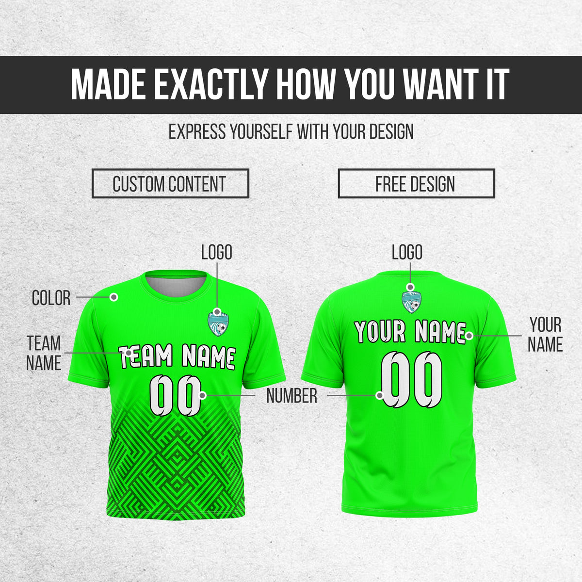 Soccer Jersey - Round Neck - Side Pattern - Design 2 - Neon Green