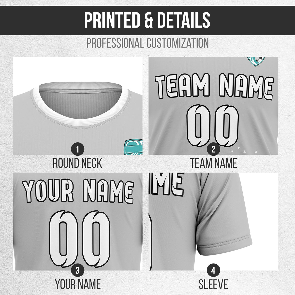 Soccer Jersey - Round Neck - Side Pattern - Design 3 - Grey