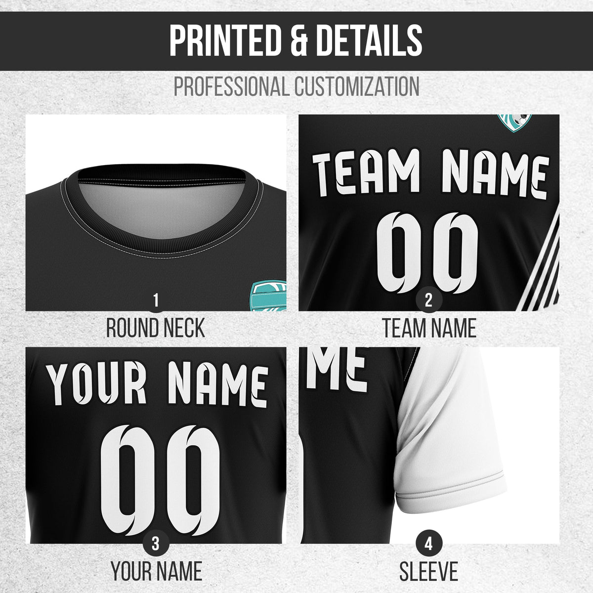 Soccer Jersey - Round Neck - Side Pattern - Design 4 - Black