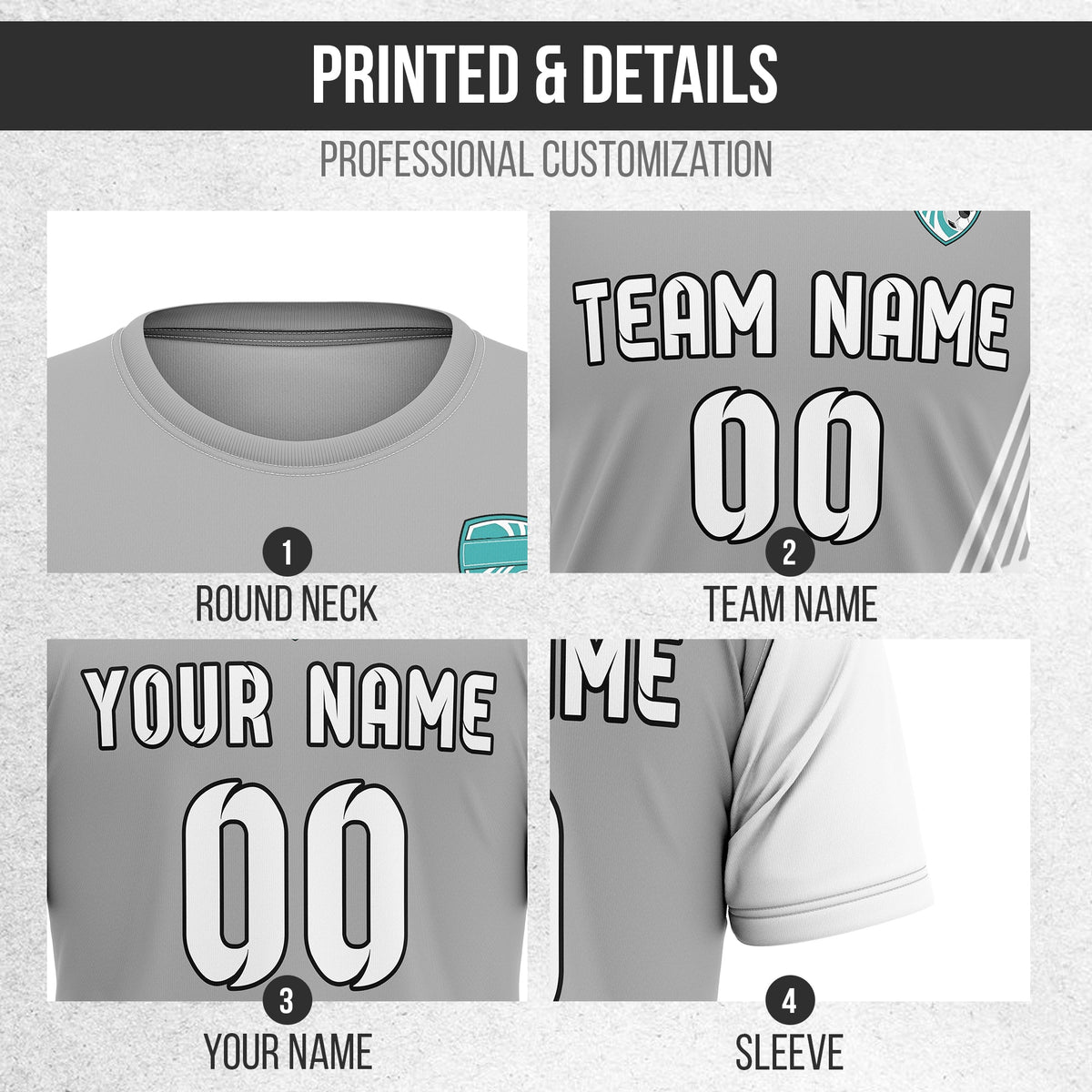 Soccer Jersey - Round Neck - Side Pattern - Design 4 - Grey