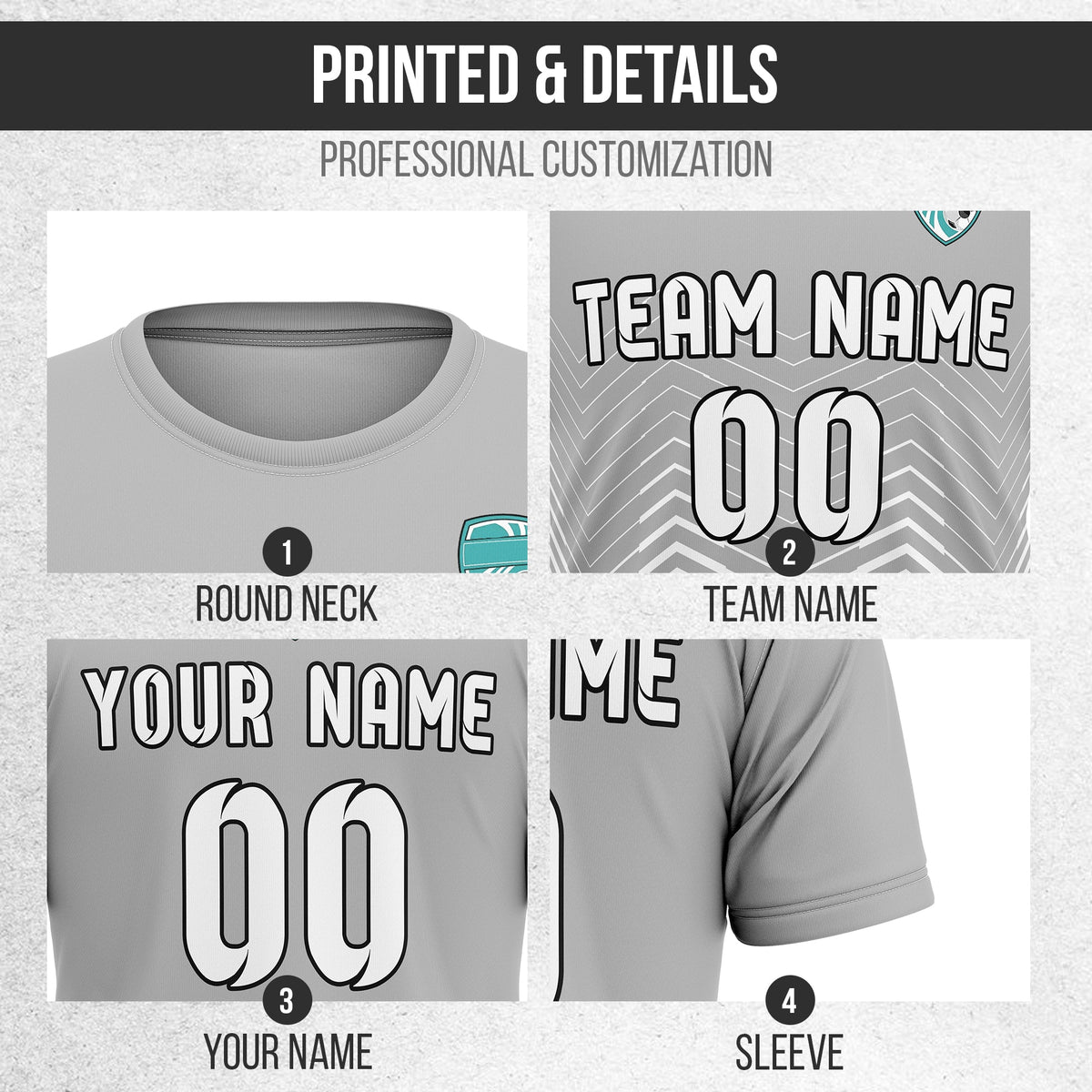 Soccer Jersey - Round Neck - Side Pattern - Design 5 - Grey