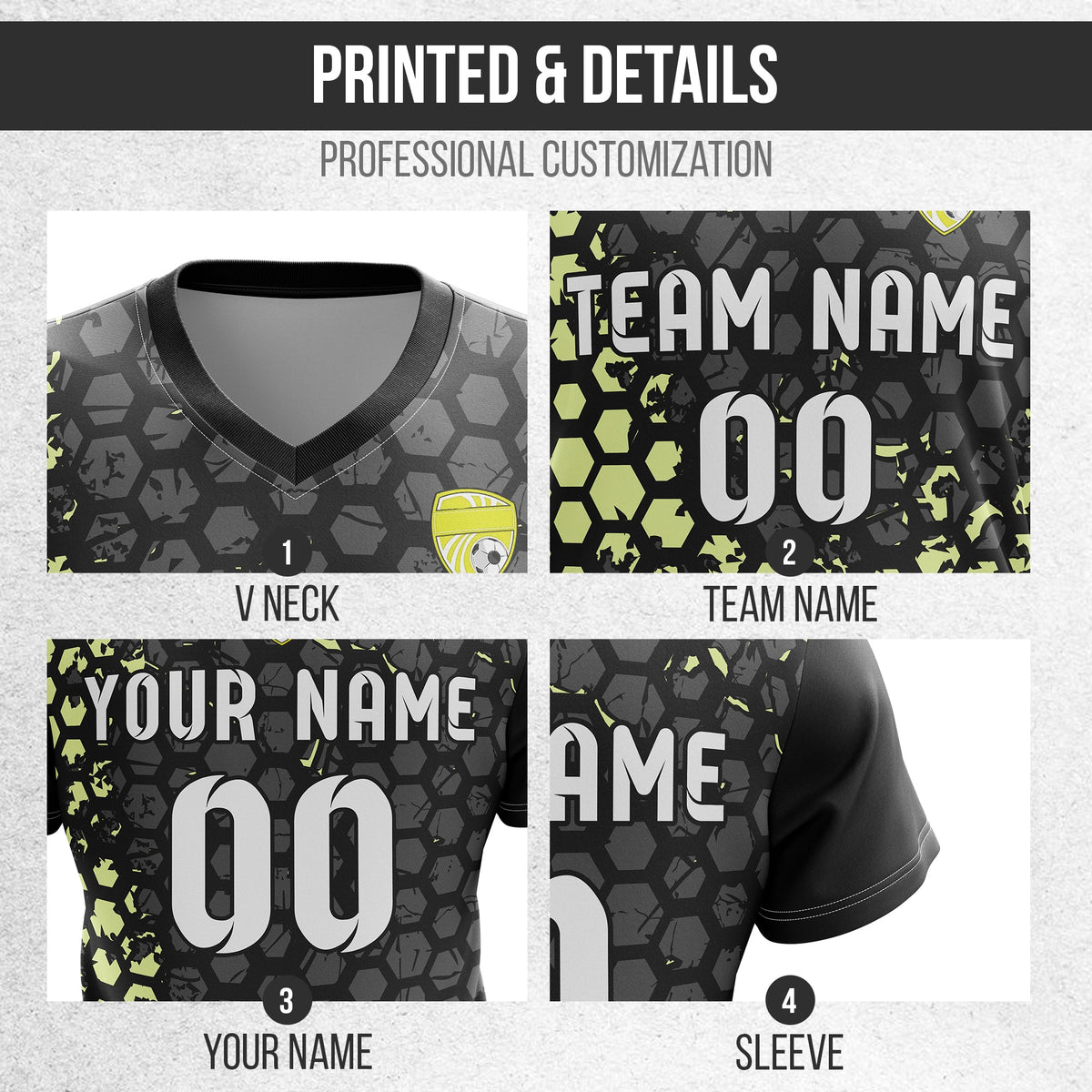 Soccer Jersey - V Neck - Full Pattern- Design 1 - Black