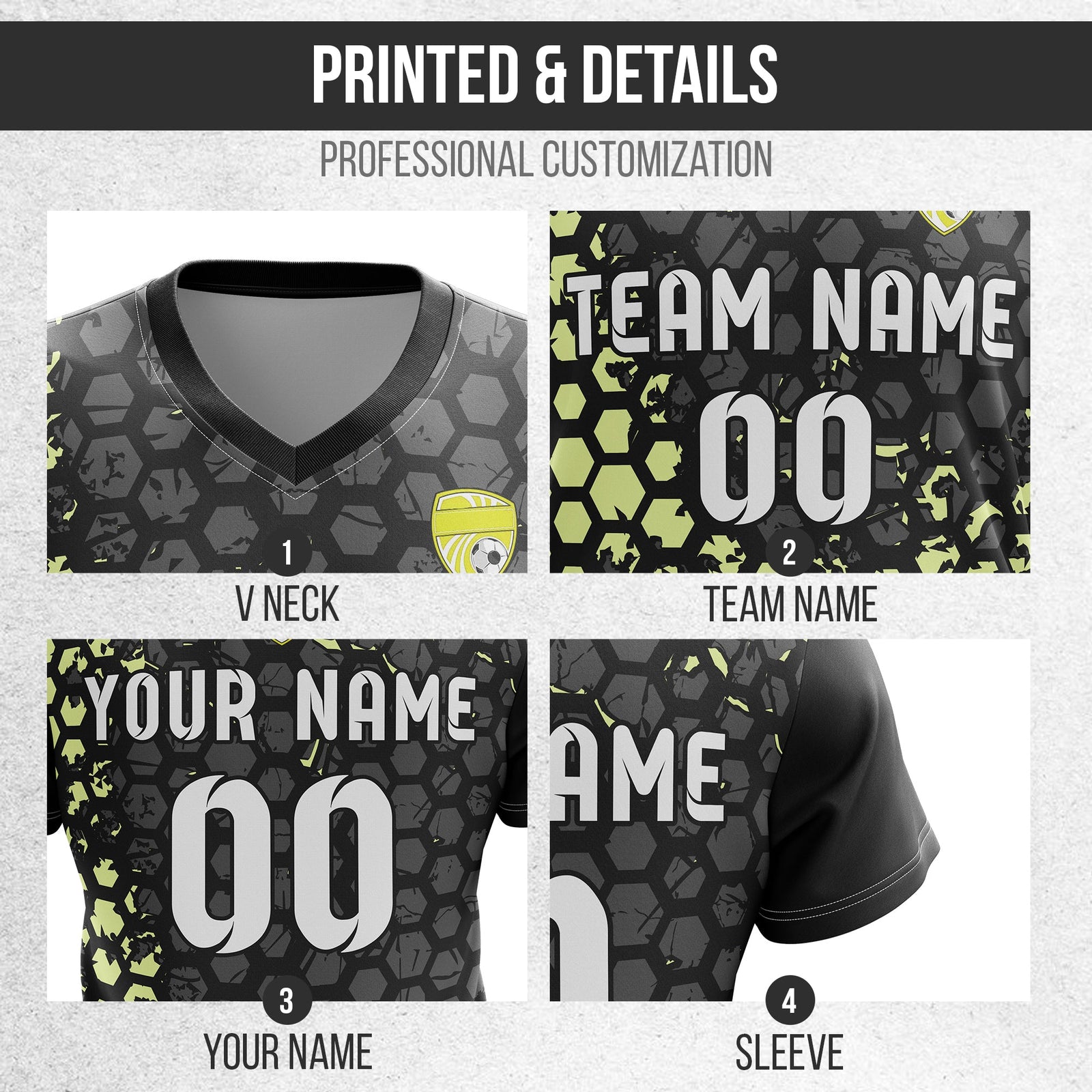 Soccer Jersey - V Neck - Full Pattern- Design 1 - Black