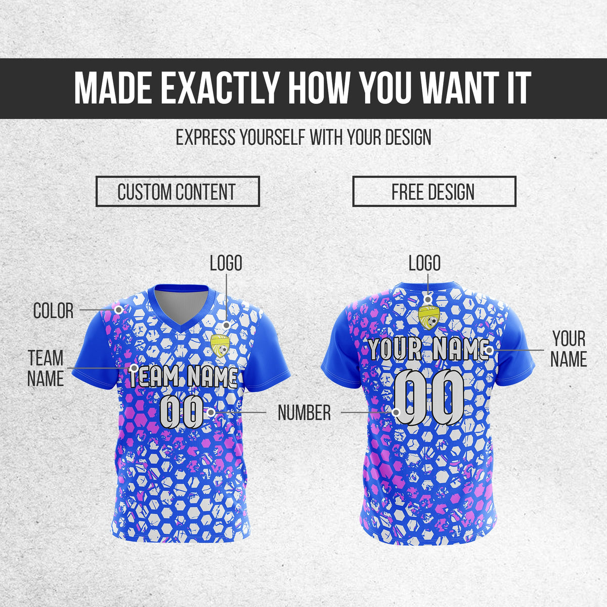 Soccer Jersey - V Neck - Full Pattern- Design 1 - Blue