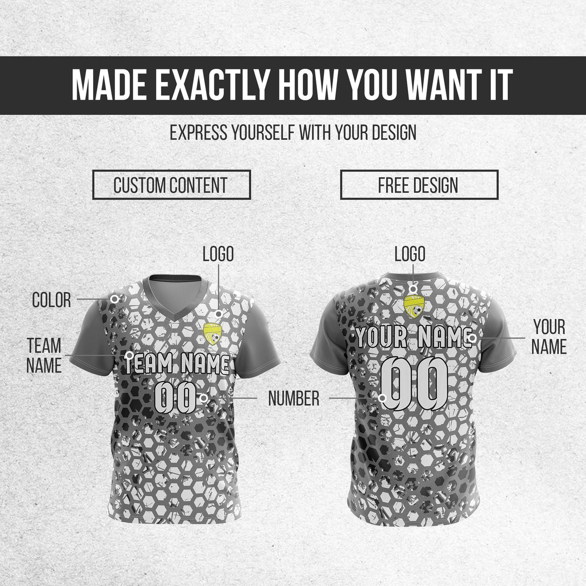 Soccer Jersey - V Neck - Full Pattern- Design 1 - Dark Grey