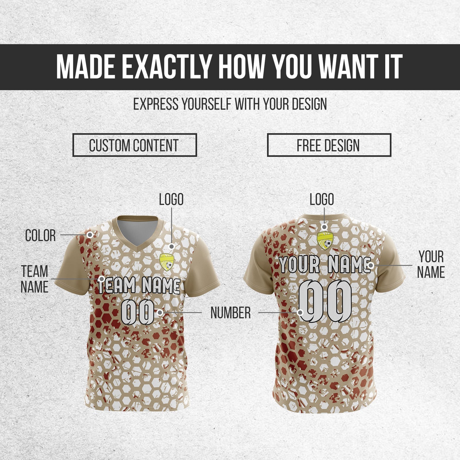 Soccer Jersey - V Neck - Full Pattern- Design 1 - Khakhii