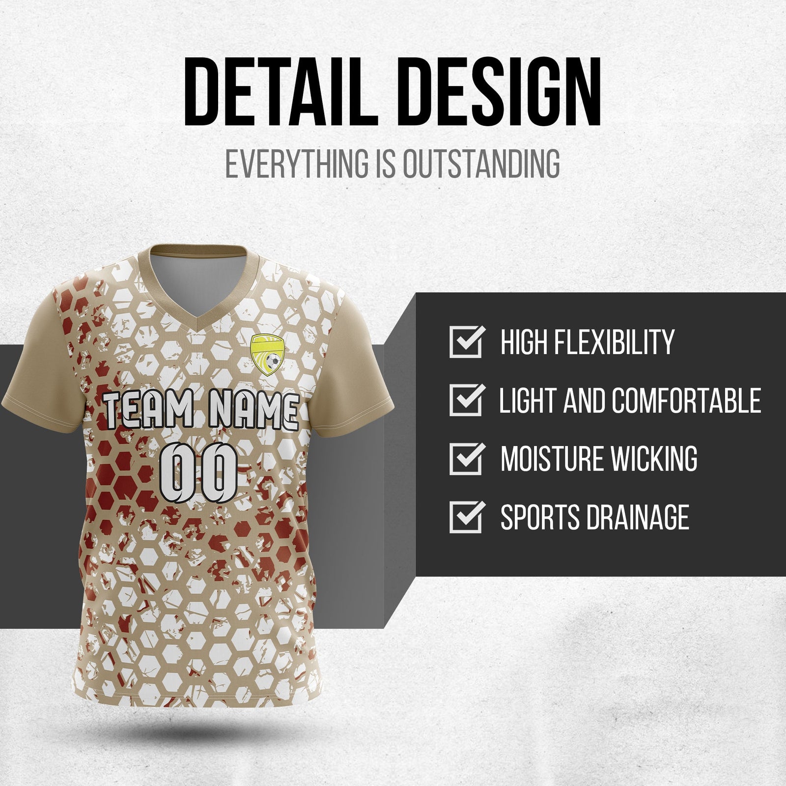 Soccer Jersey - V Neck - Full Pattern- Design 1 - Khakhii