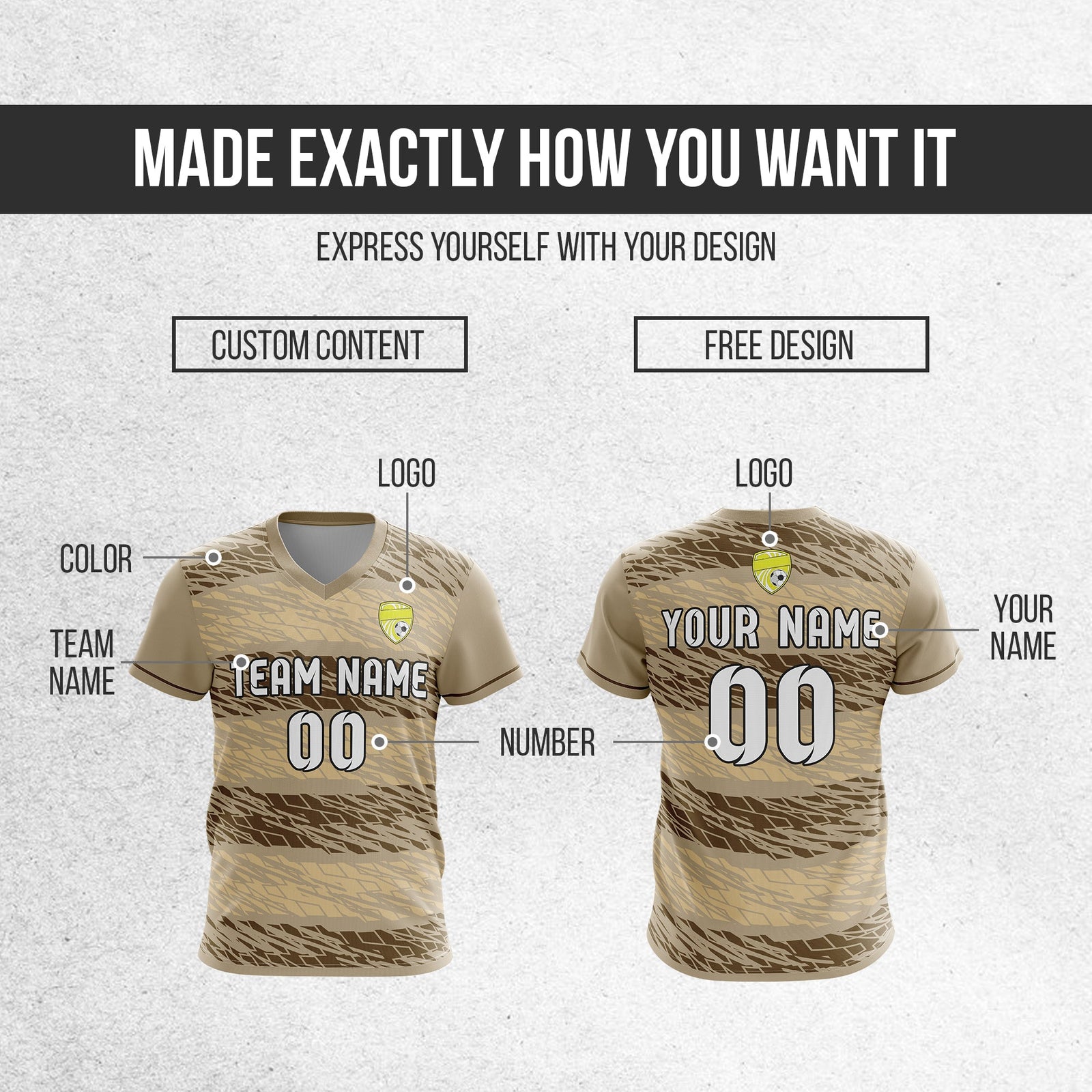Soccer Jersey - V Neck - Full Pattern- Design 2 - Khakhii