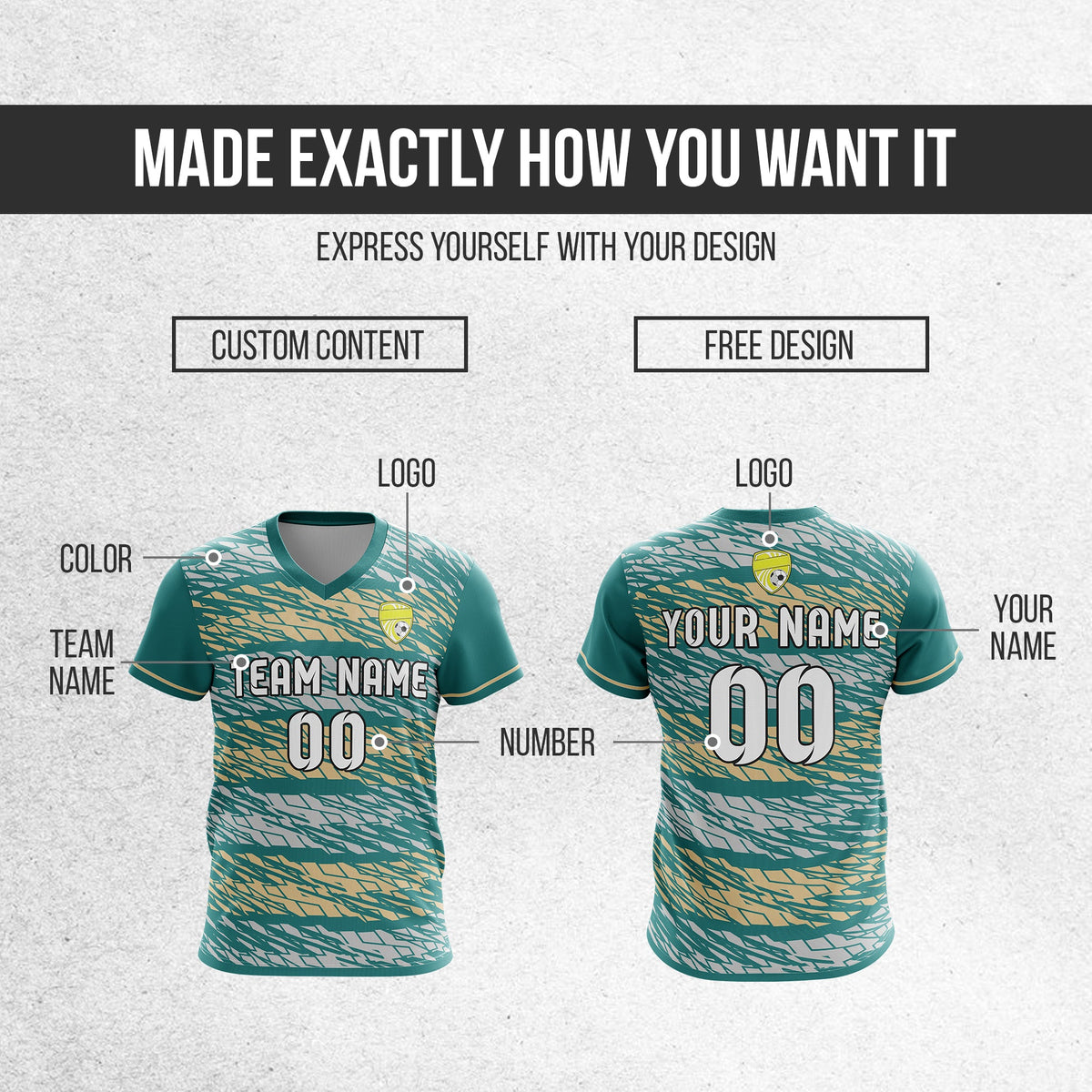 Soccer Jersey - V Neck - Full Pattern- Design 2 - Teal