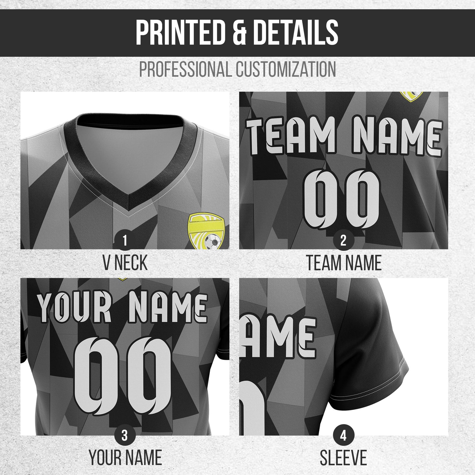 Soccer Jersey - V Neck - Full Pattern- Design 3 - Black