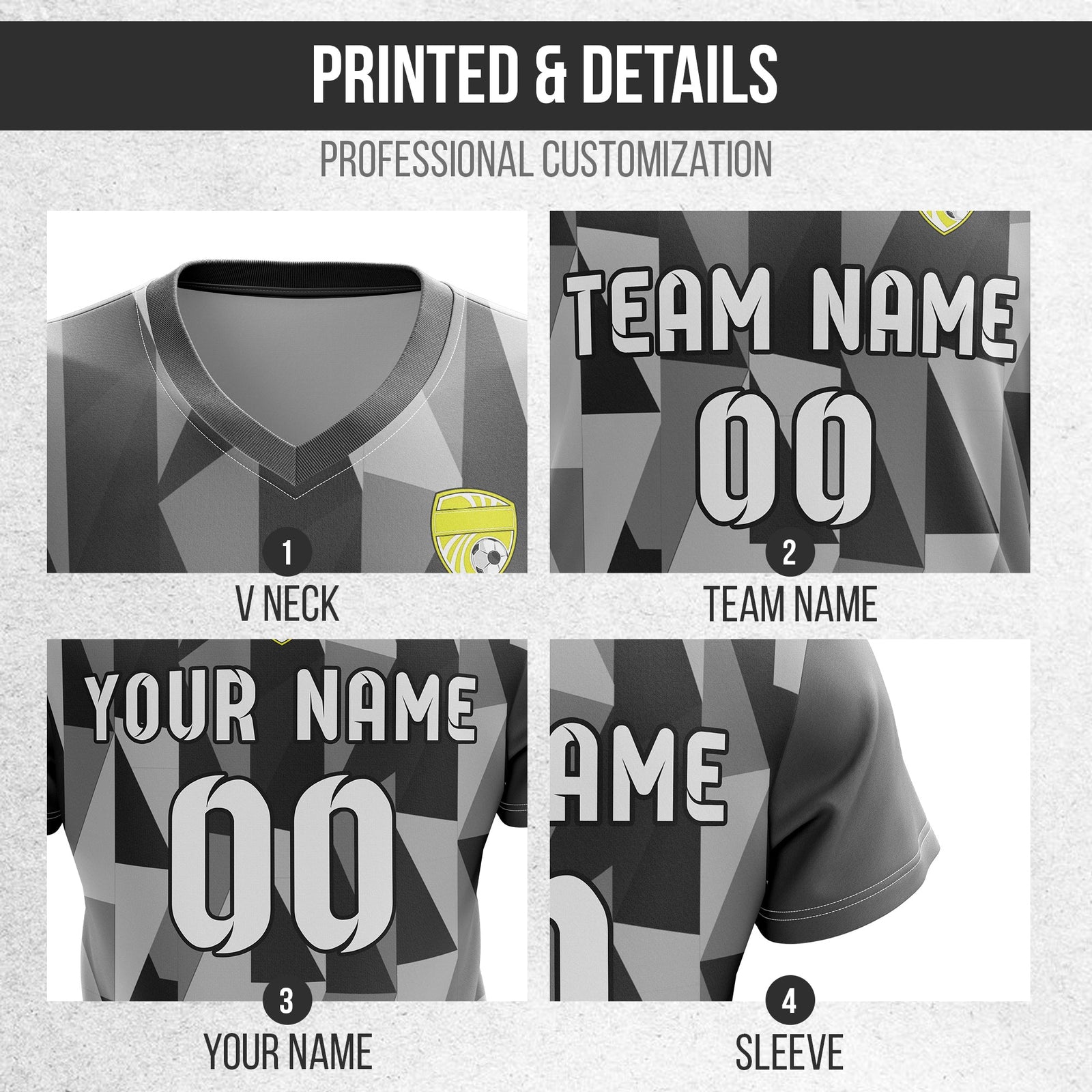 Soccer Jersey - V Neck - Full Pattern- Design 3 - Dark Grey