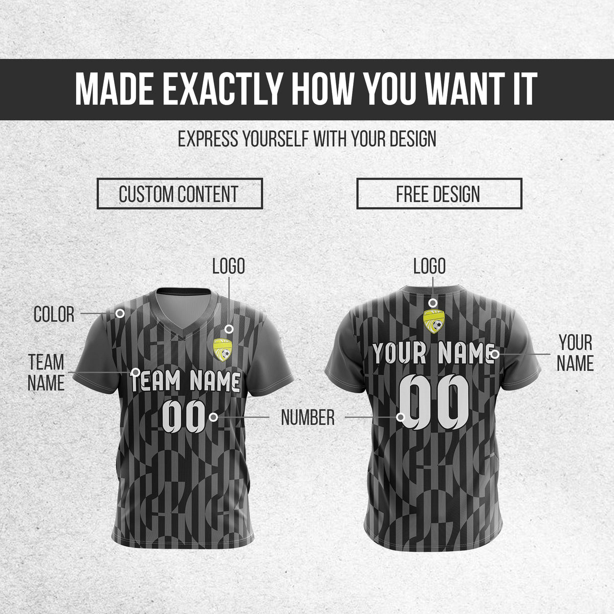 Soccer Jersey - V Neck - Full Pattern- Design 4 - Dark Grey