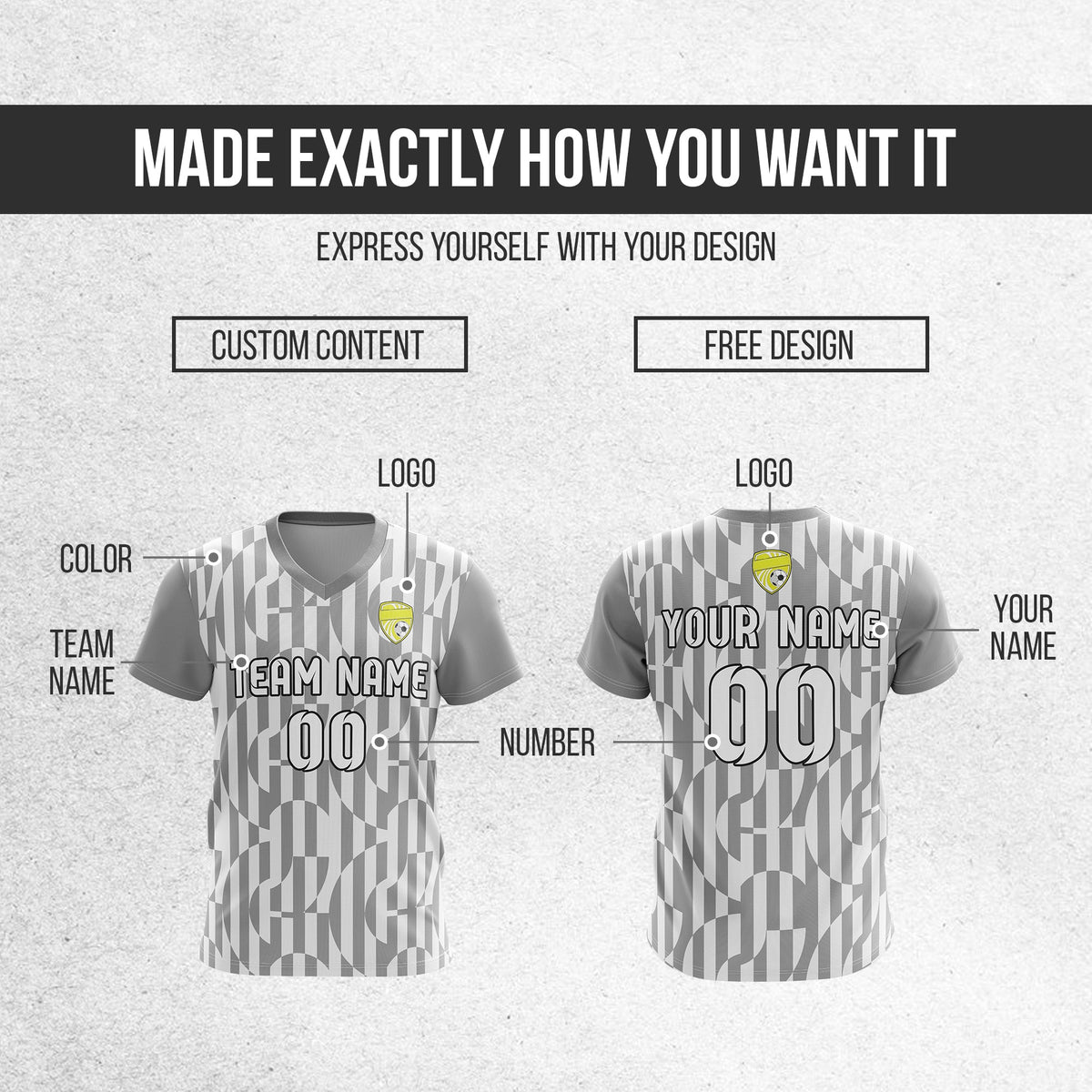 Soccer Jersey - V Neck - Full Pattern- Design 4 - Grey
