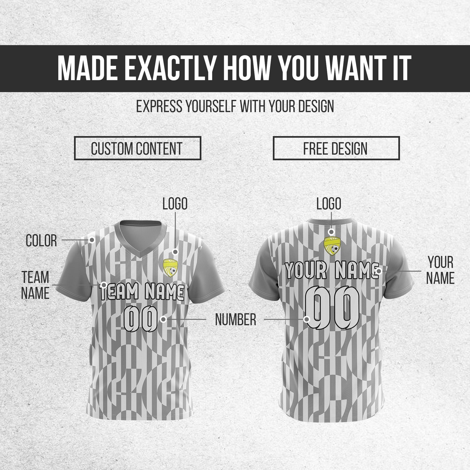 Soccer Jersey - V Neck - Full Pattern- Design 4 - Grey