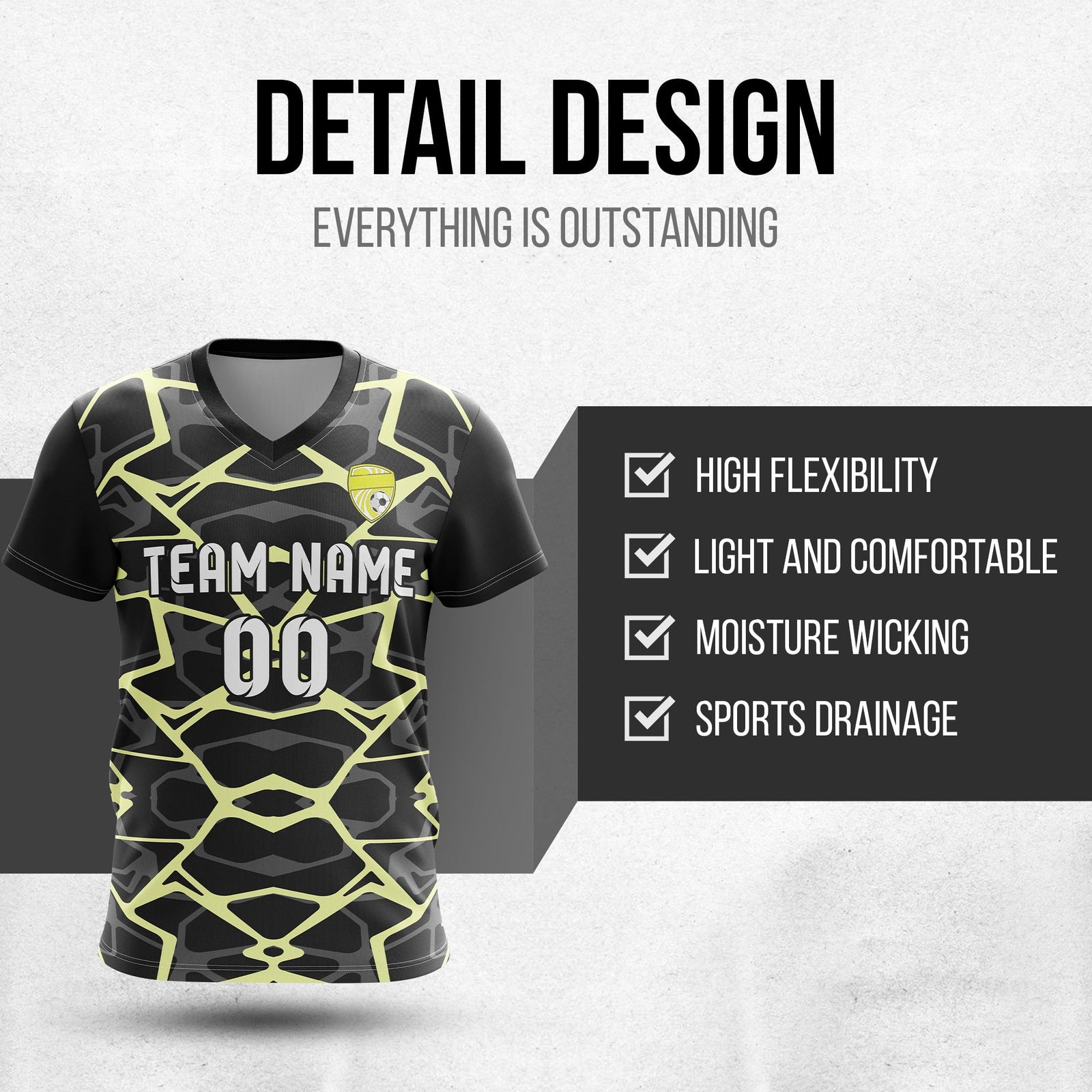 Soccer Jersey - V Neck - Full Pattern- Design 5 - Black