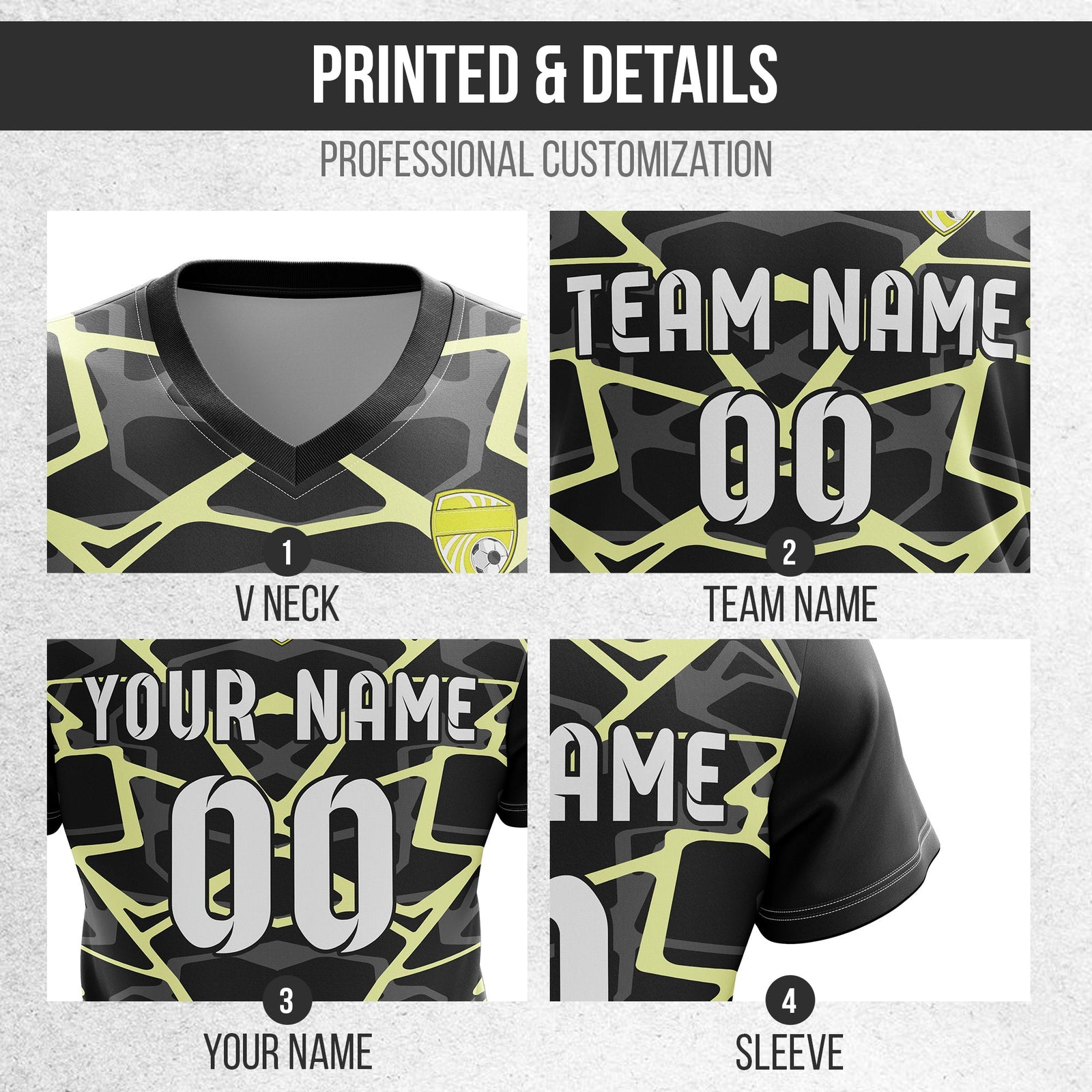 Soccer Jersey - V Neck - Full Pattern- Design 5 - Black
