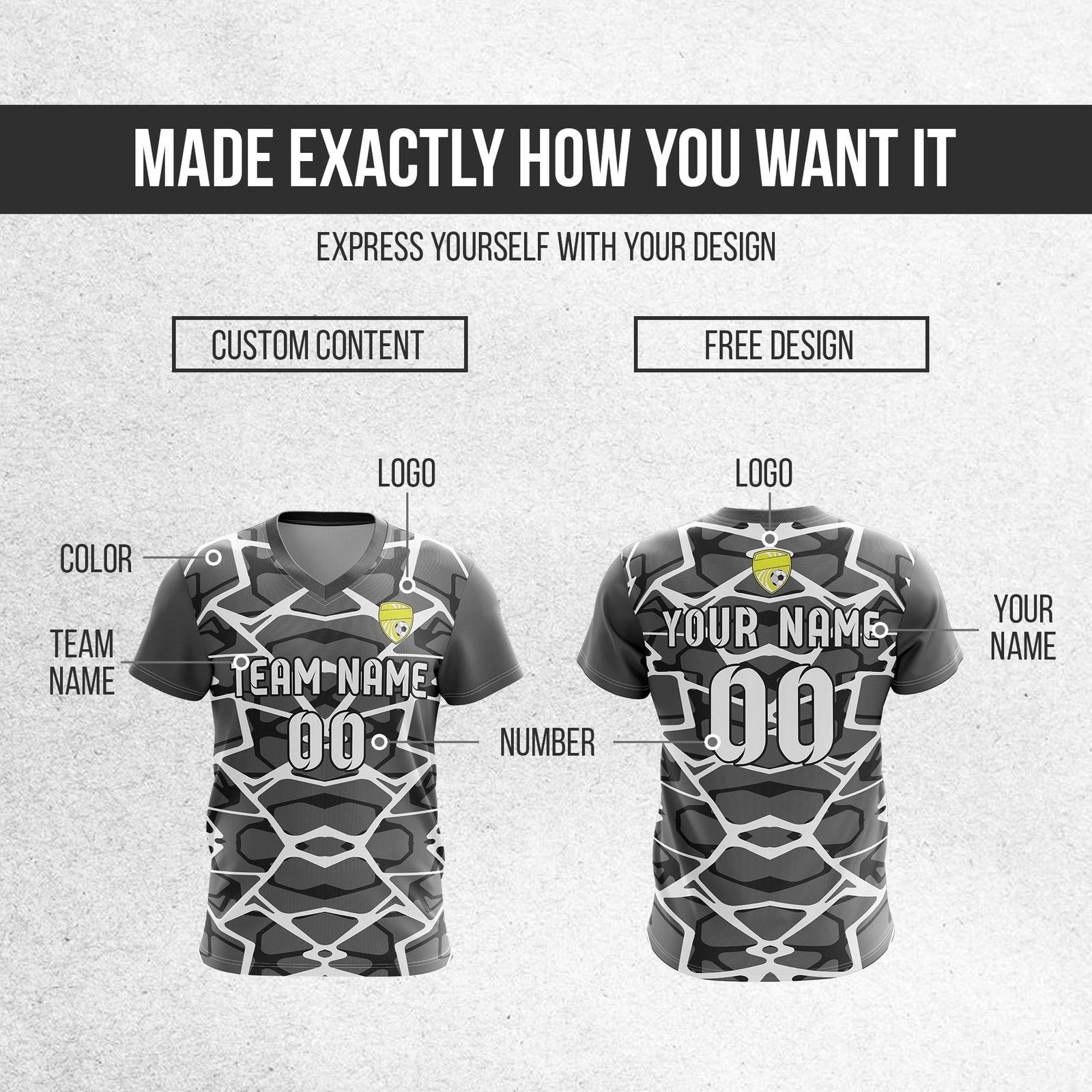 Soccer Jersey - V Neck - Full Pattern- Design 5 - Dark Grey