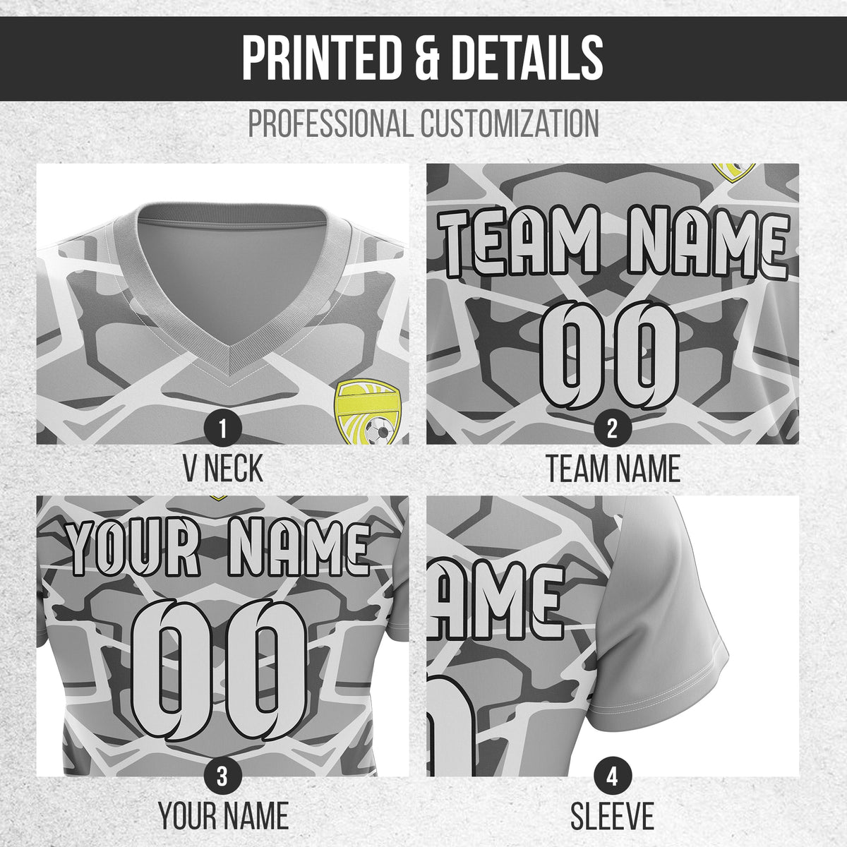 Soccer Jersey - V Neck - Full Pattern- Design 5 - Grey