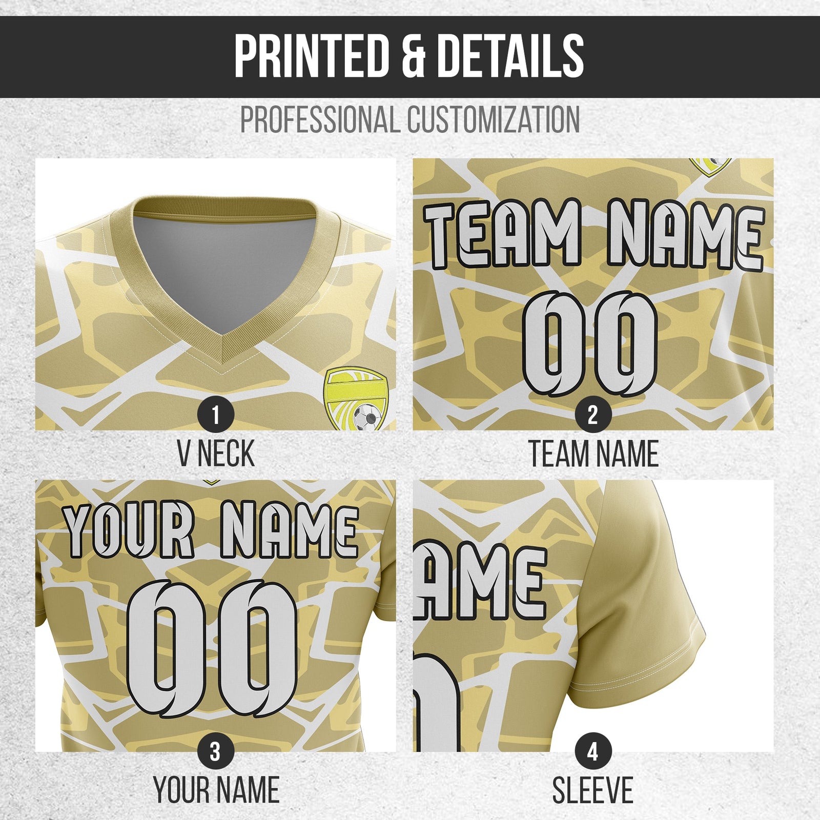 Soccer Jersey - V Neck - Full Pattern- Design 5 - Khakhii