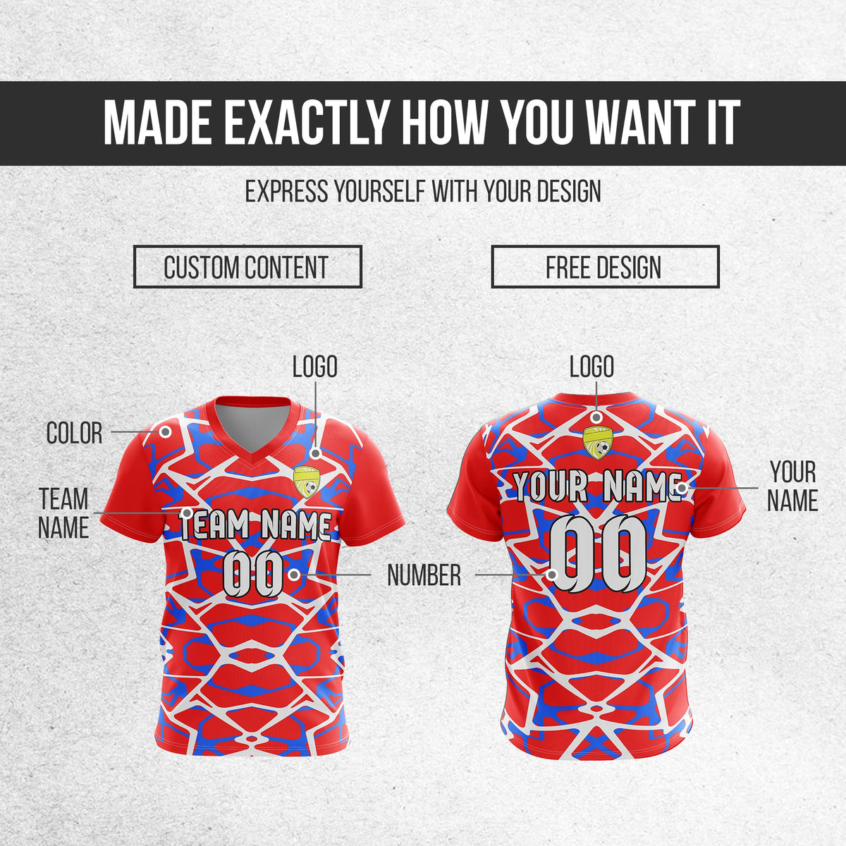 Soccer Jersey - V Neck - Full Pattern- Design 5 - Red