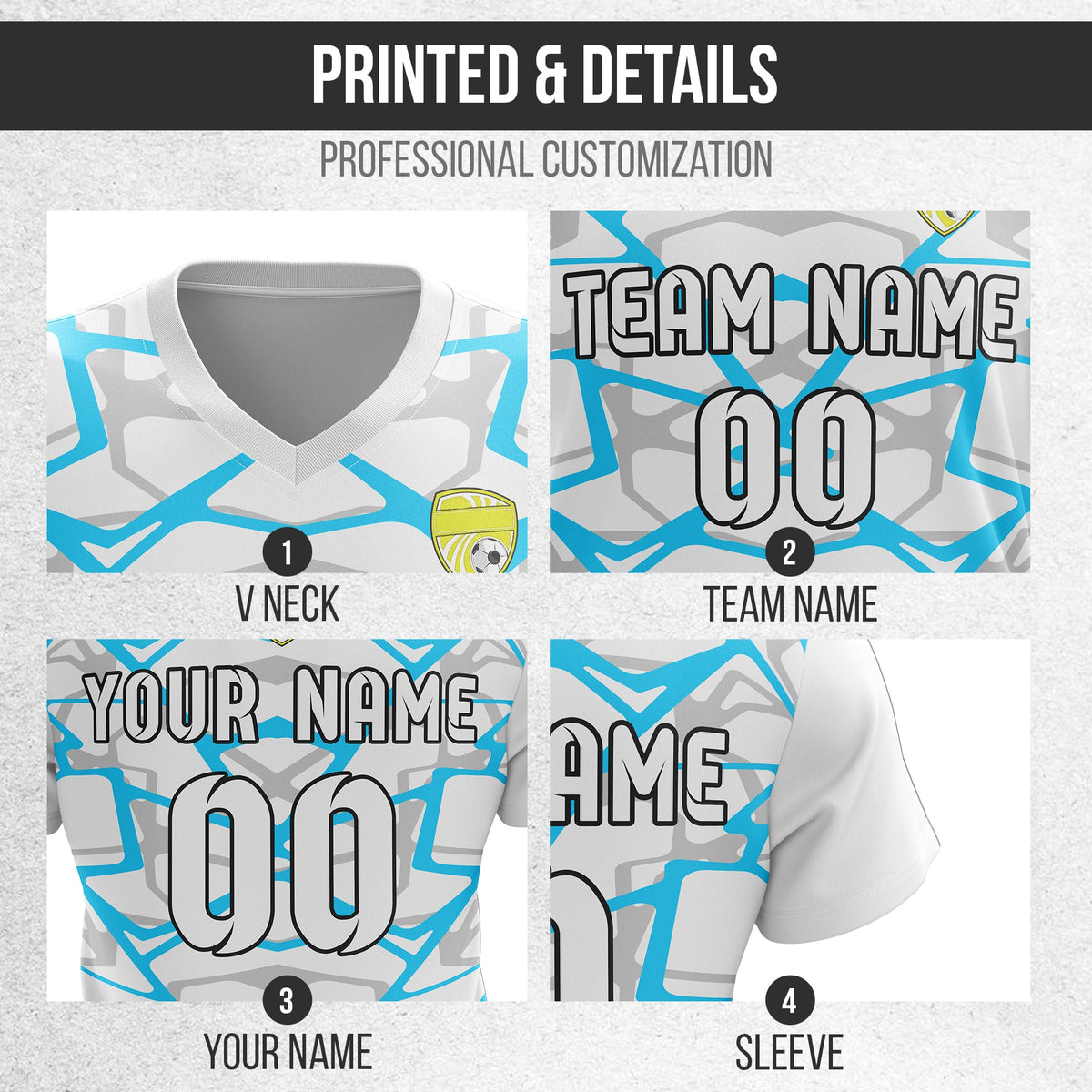 Soccer Jersey - V Neck - Full Pattern- Design 5 - White