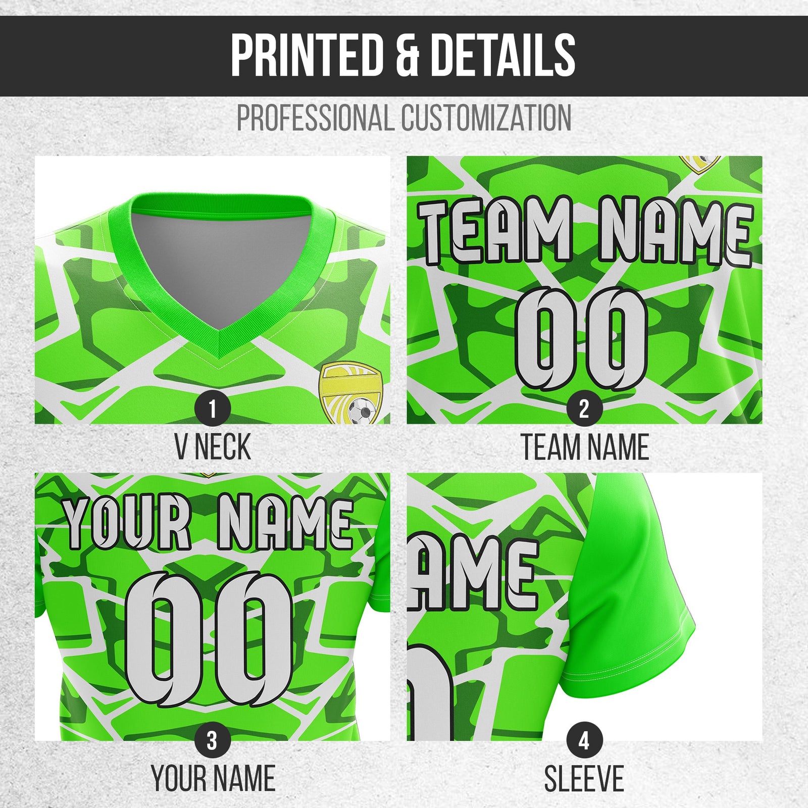 Soccer Jersey - V Neck - Full Pattern- Design 5 - neon Green