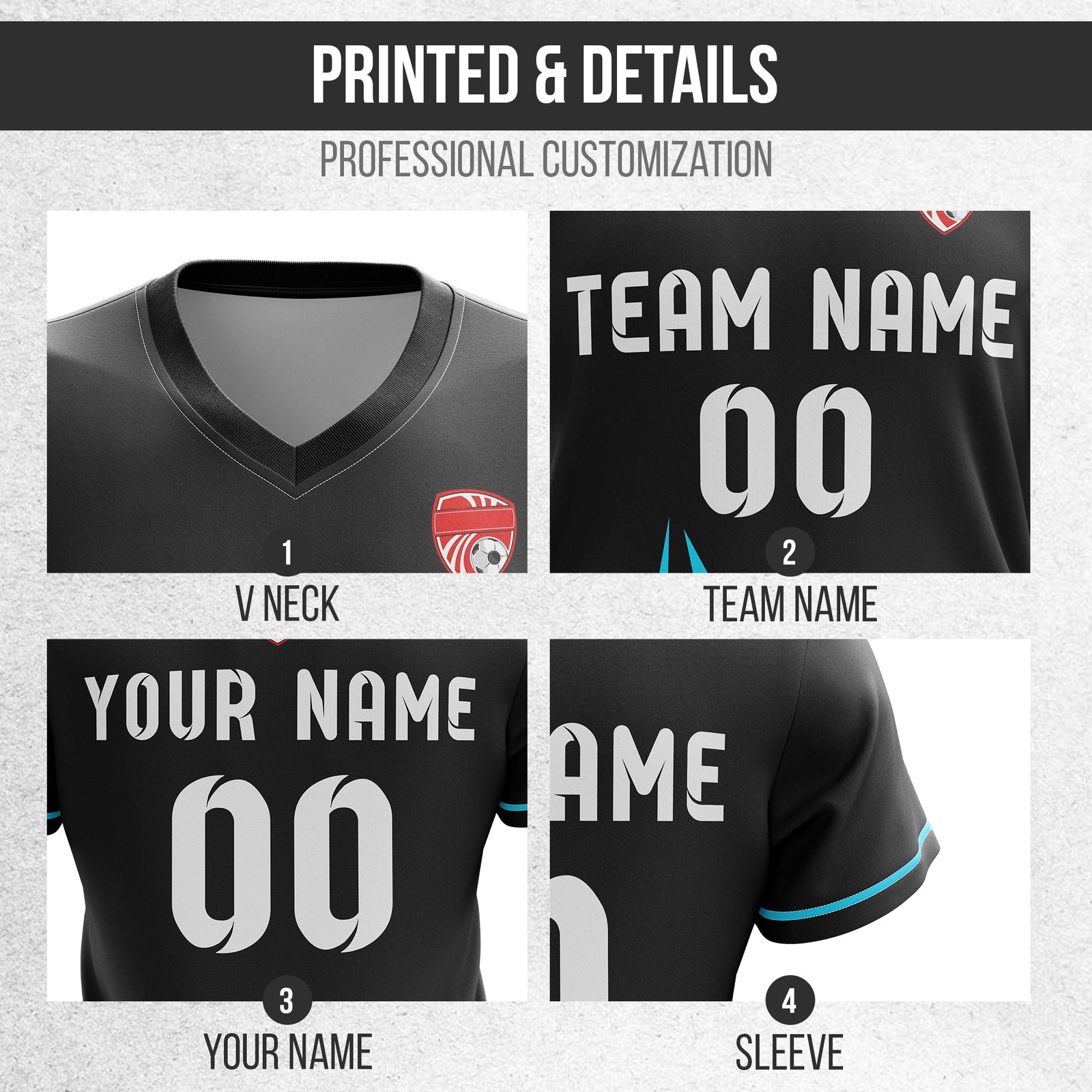 Soccer Jersey - V Neck - Side Pattern- Design 1 - Black
