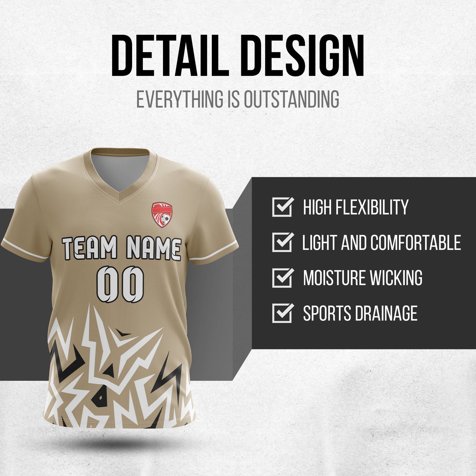 Soccer Jersey - V Neck - Side Pattern- Design 1 - Khakhii