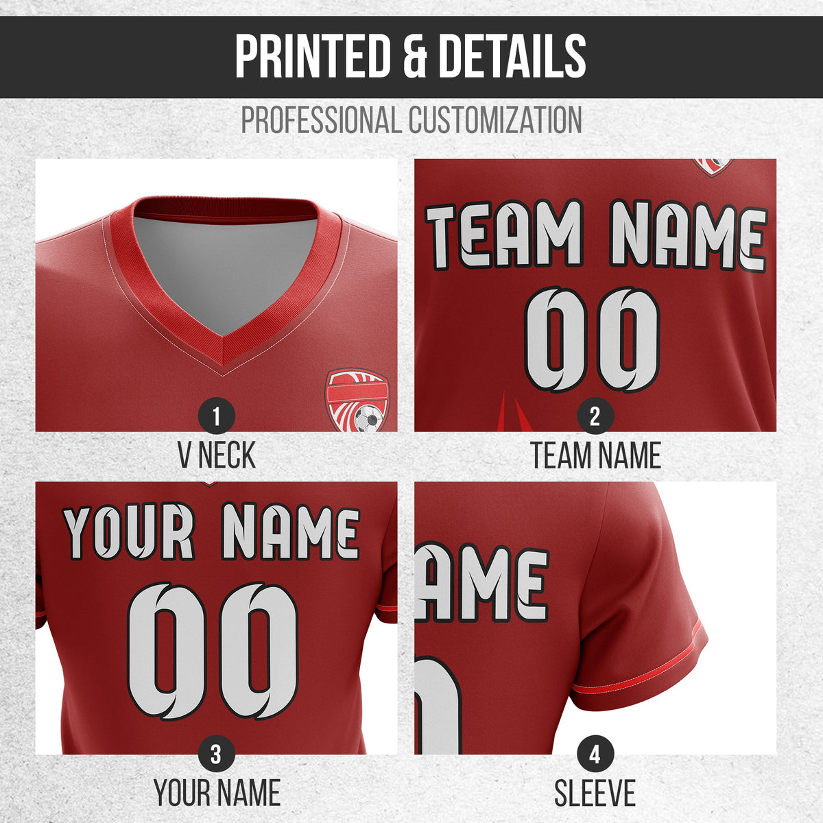 Soccer Jersey - V Neck - Side Pattern- Design 1 - Red