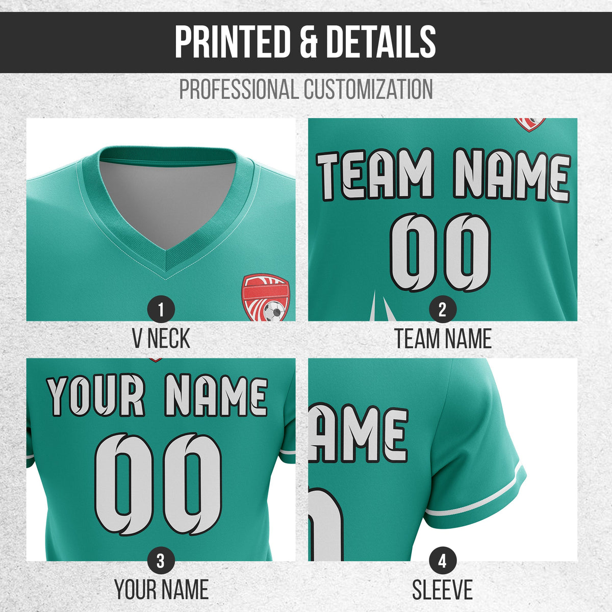 Soccer Jersey - V Neck - Side Pattern- Design 1 - Teal
