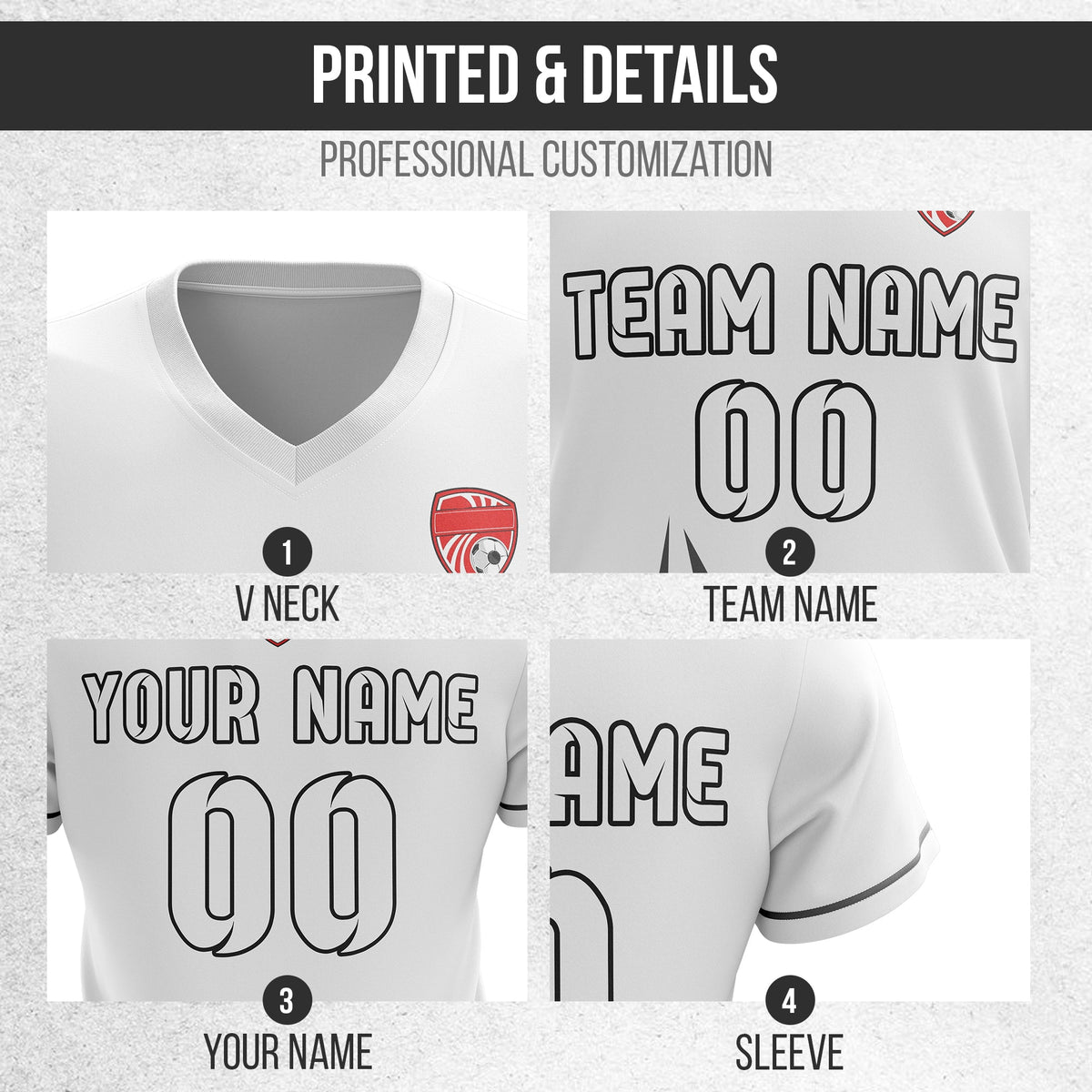 Soccer Jersey - V Neck - Side Pattern- Design 1 - White