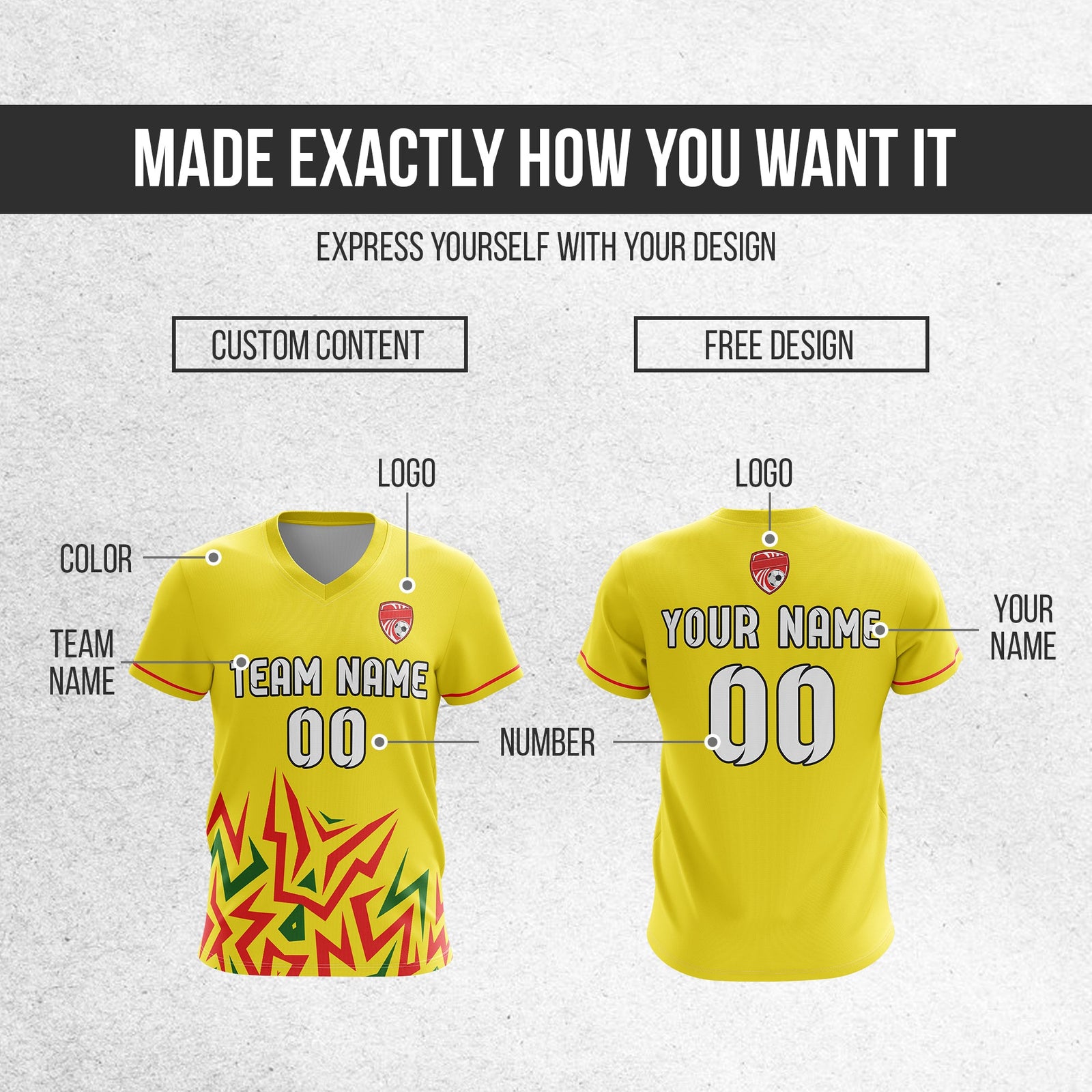 Soccer Jersey - V Neck - Side Pattern- Design 1 - Yellow