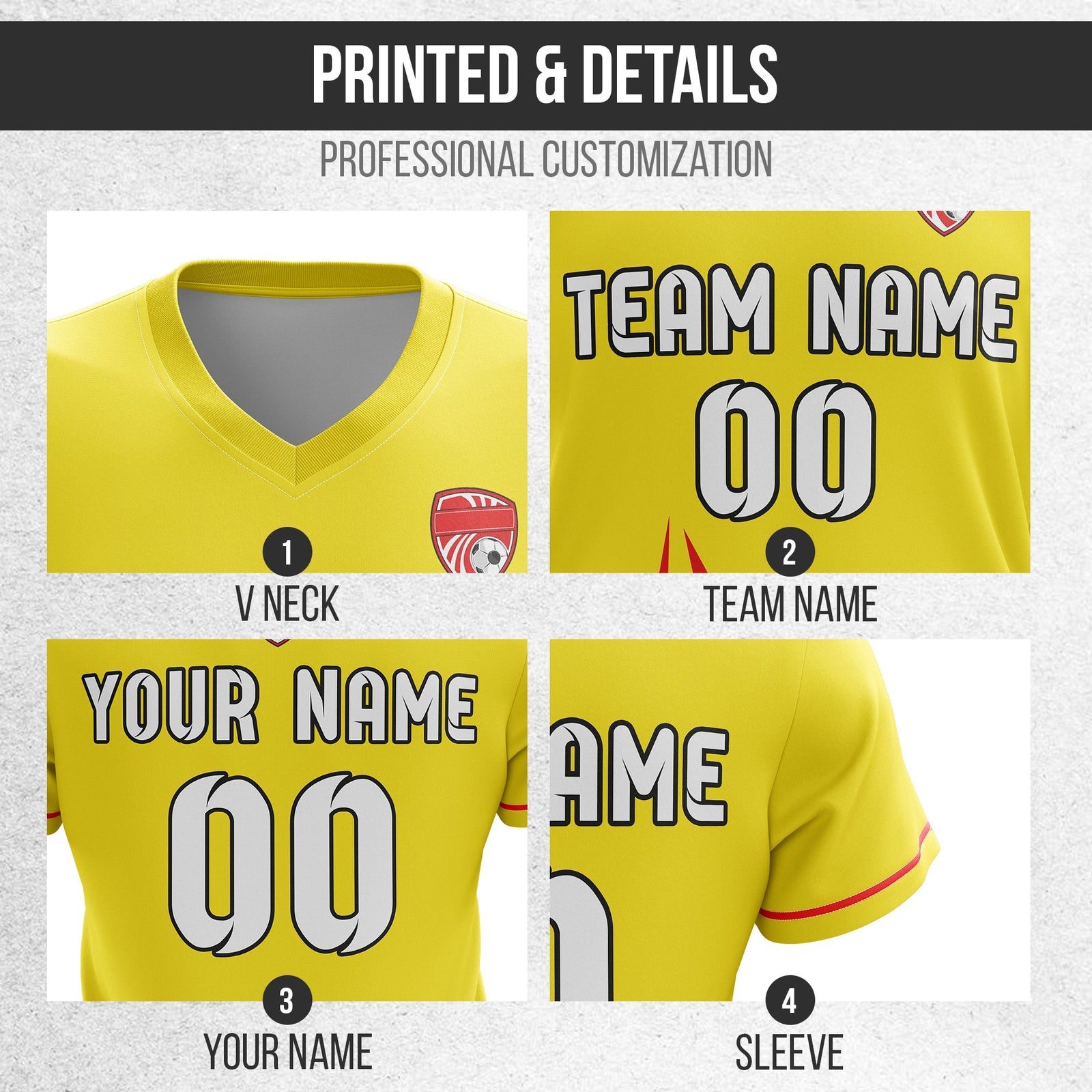 Soccer Jersey - V Neck - Side Pattern- Design 1 - Yellow