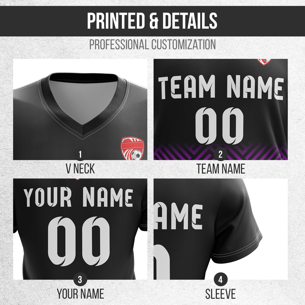 Soccer Jersey - V Neck - Side Pattern- Design 2 -Black
