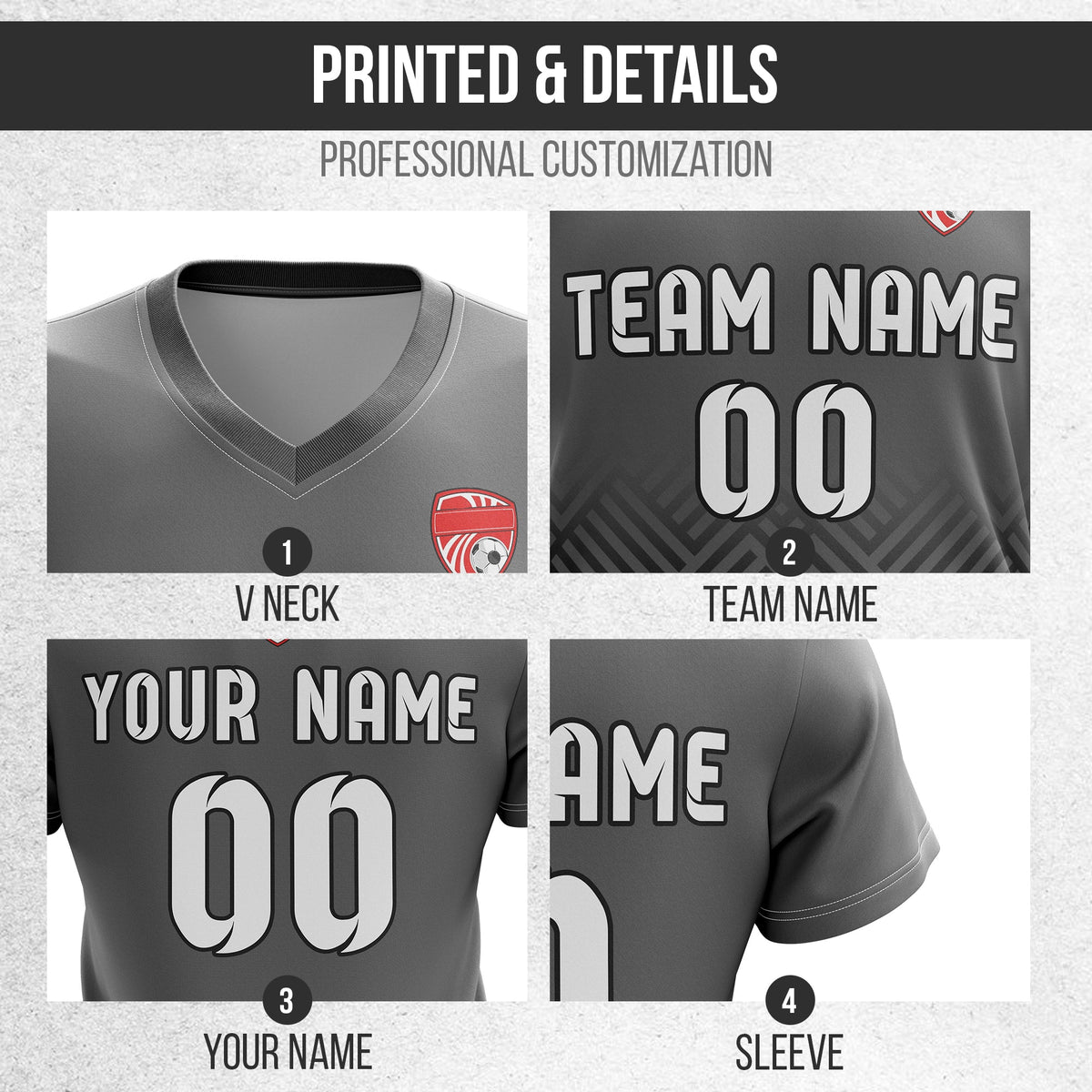 Soccer Jersey - V Neck - Side Pattern- Design 2 - Dark Grey