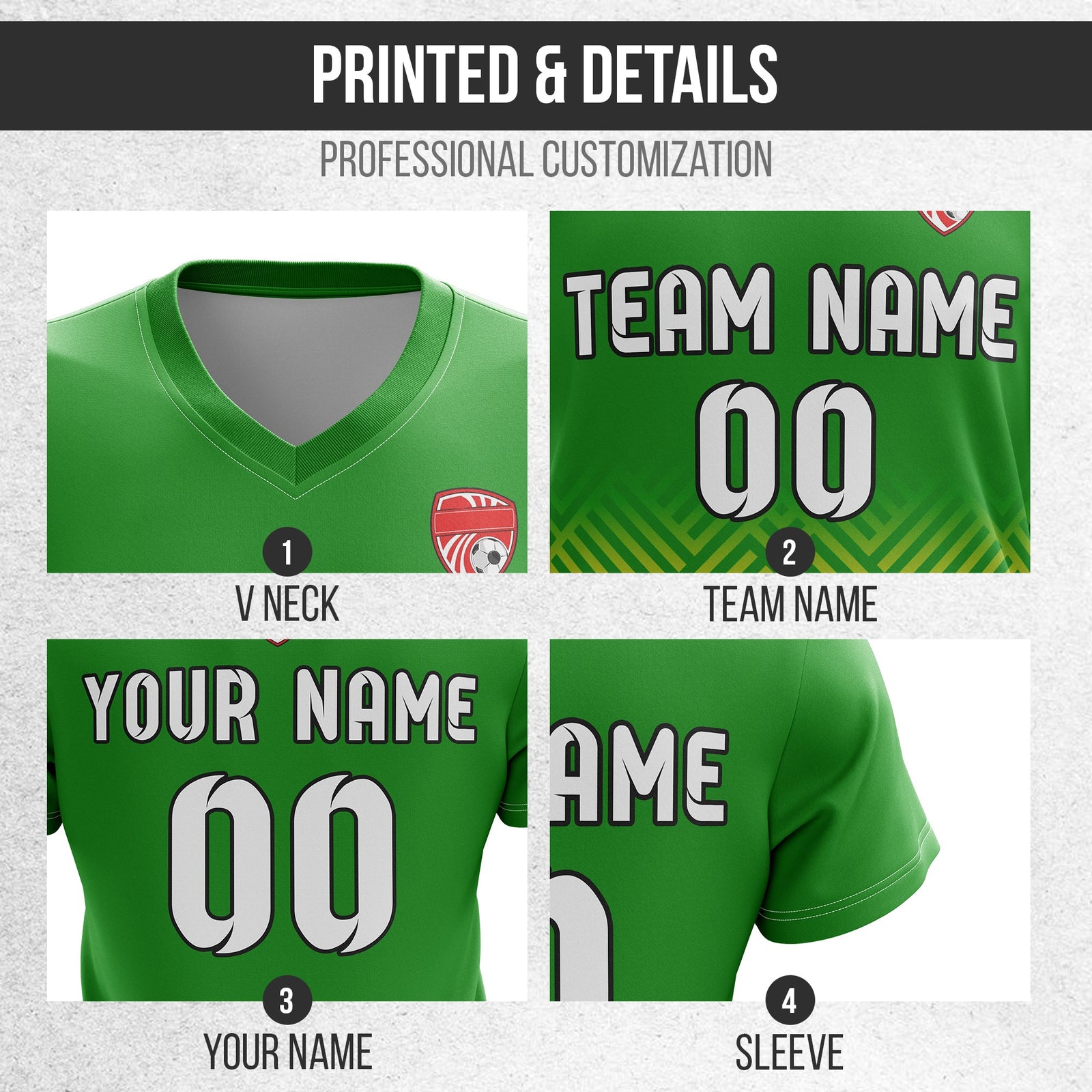 Soccer Jersey - V Neck - Side Pattern- Design 2 - Green