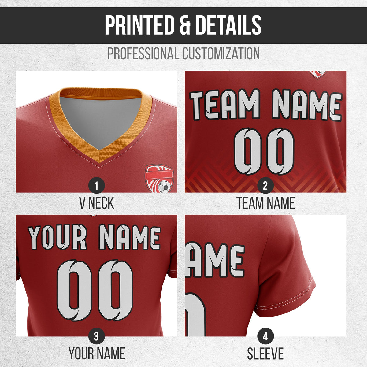 Soccer Jersey - V Neck - Side Pattern- Design 2 - Red