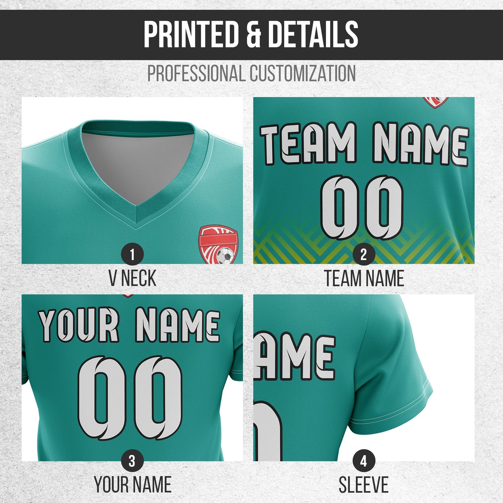Soccer Jersey - V Neck - Side Pattern- Design 2 - Teal