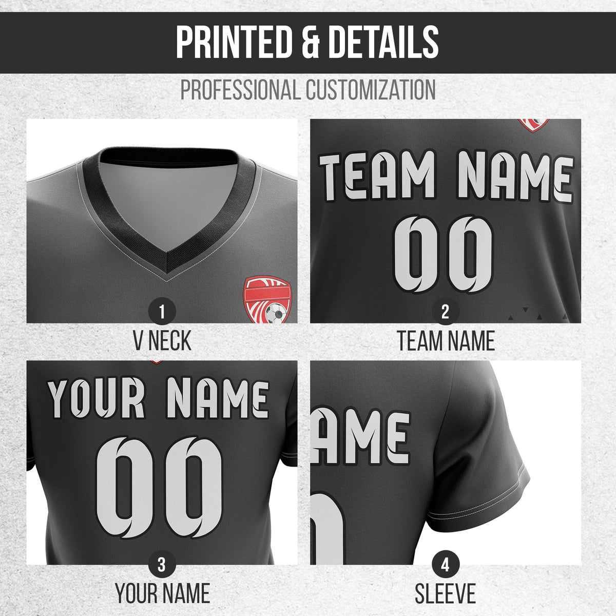 Soccer Jersey - V Neck - Side Pattern- Design 3 - Dark Grey