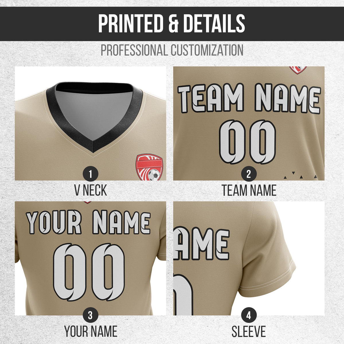 Soccer Jersey - V Neck - Side Pattern- Design 3 - Khakhii